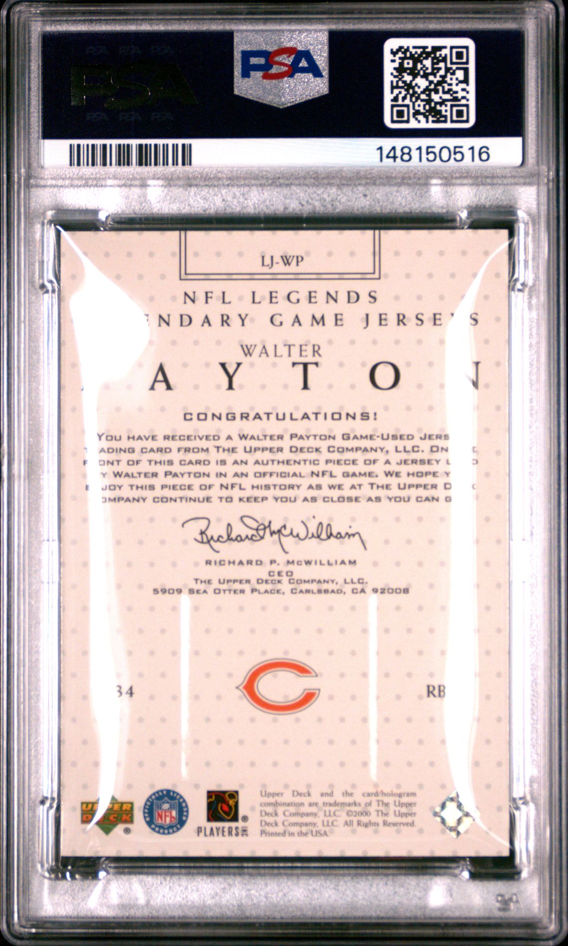 2000 Upper Deck Legends Legendary Jerseys Walter Payton #Lj-Wp (Legendary Jerseys) Mint 9 back