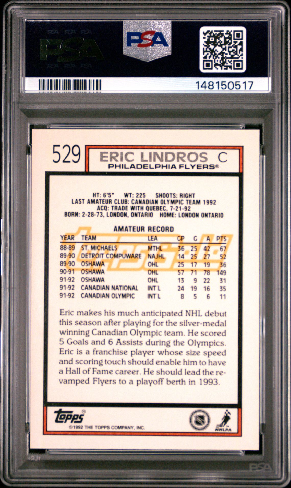 1992 Topps Gold Eric Lindros #529 Ex-Mt 6 back