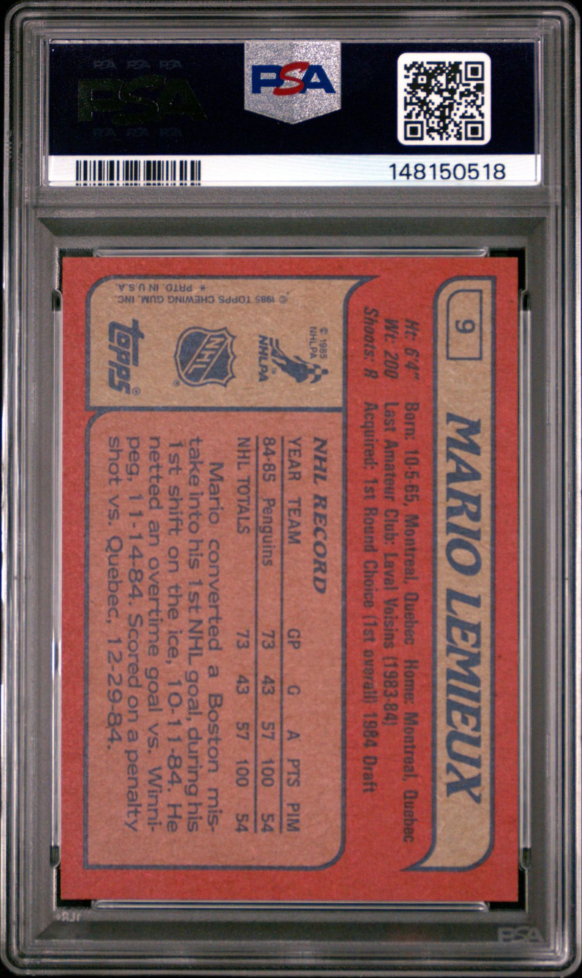 1985 Topps Mario Lemieux #9 Mint 9 back
