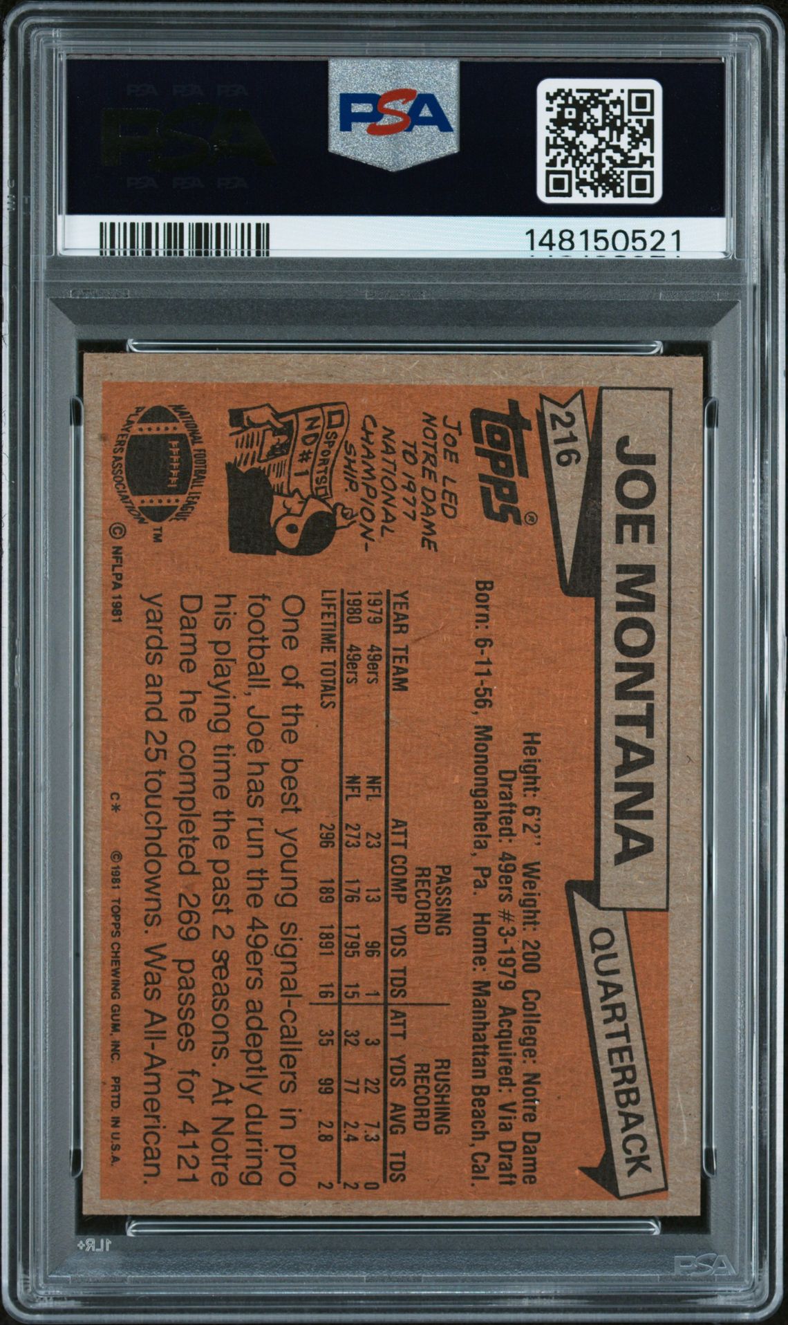 1981 Topps Joe Montana #216 Nm 7 back