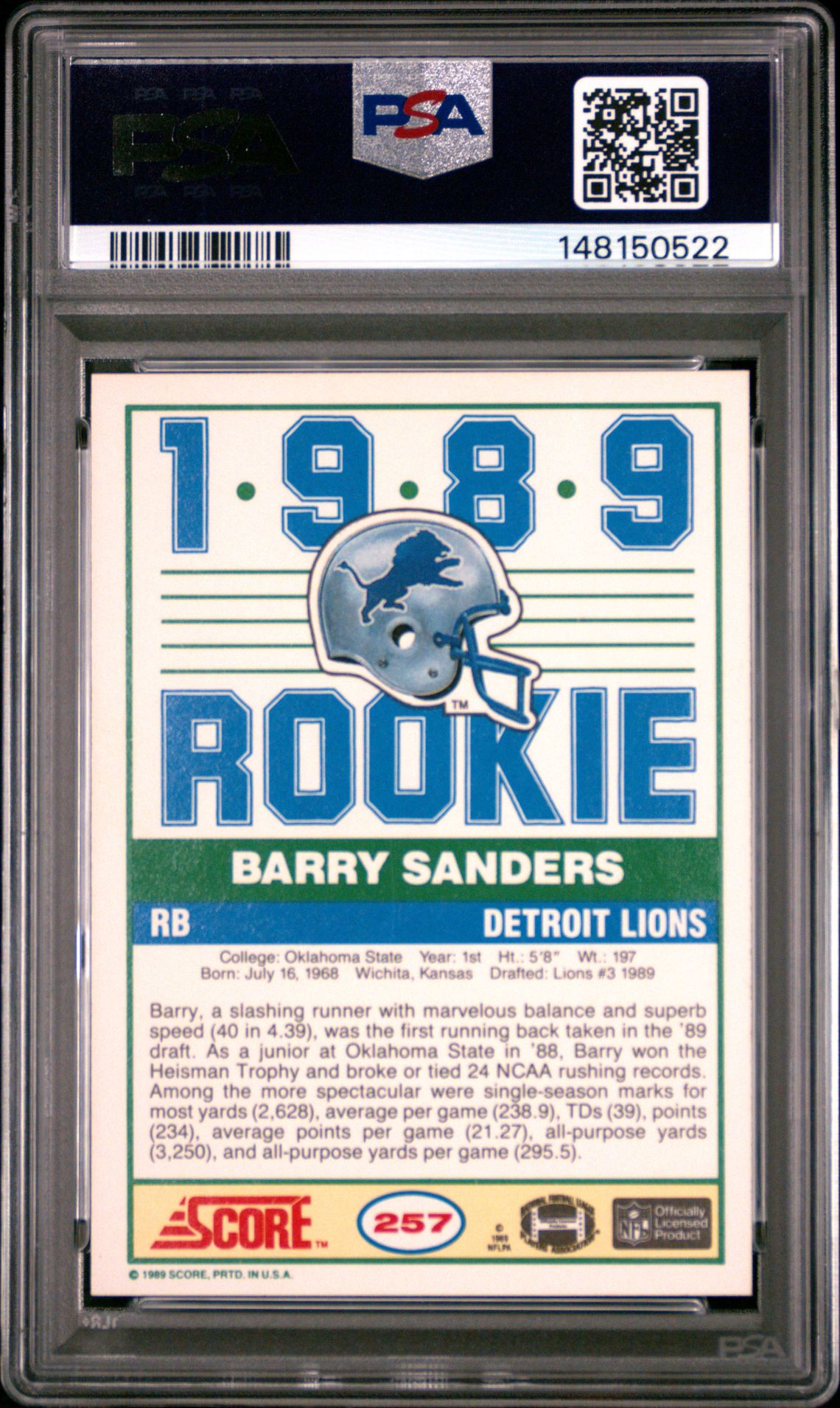1989 Score Barry Sanders #257 Mint 9 back