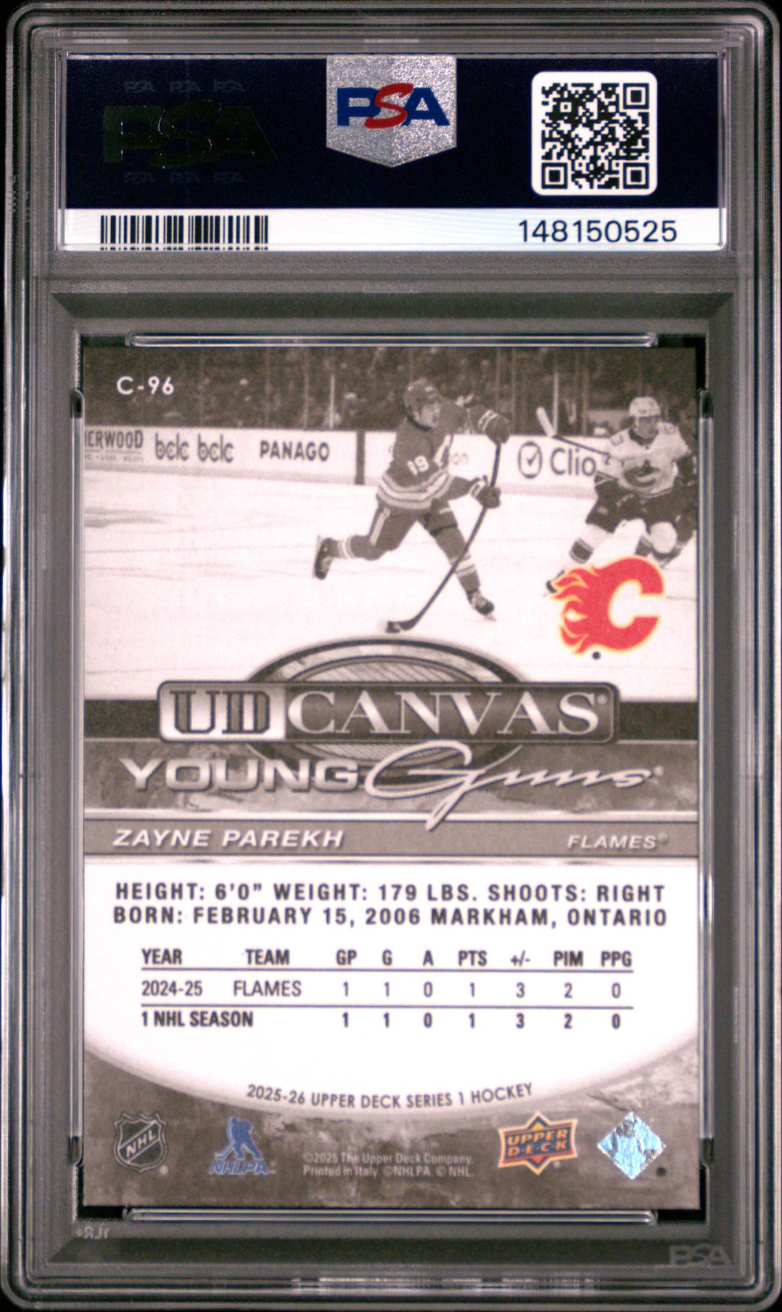 2025 Upper Deck Ud Canvas Zayne Parekh #C-96 (Ud Canvas-Black & White) Gem Mt 10 back view - PSA certificate #148150525