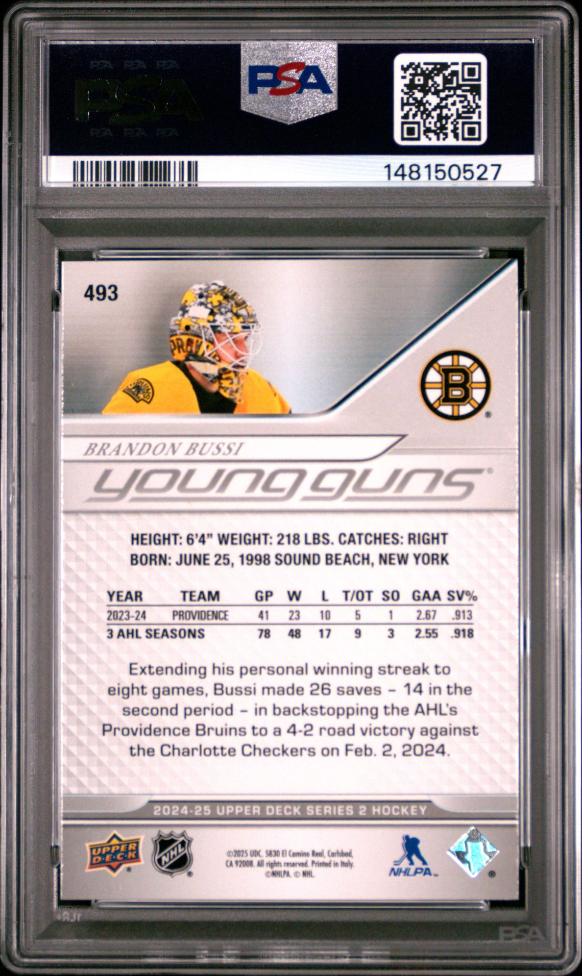 2024 Upper Deck Brandon Bussi #493 Gem Mt 10 back view - PSA certificate #148150527