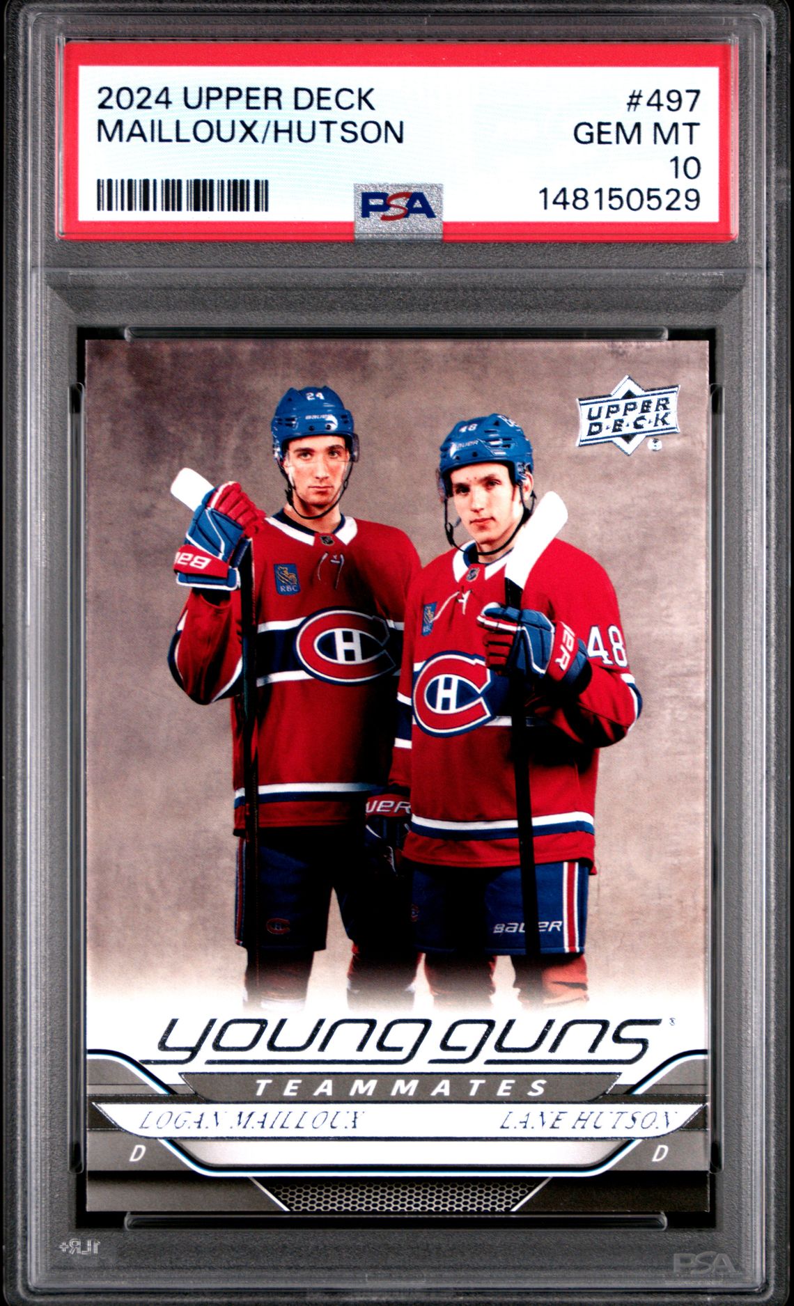 2024 Upper Deck Mailloux/Hutson #497 Gem Mt 10 front view - PSA graded GEM MT 10