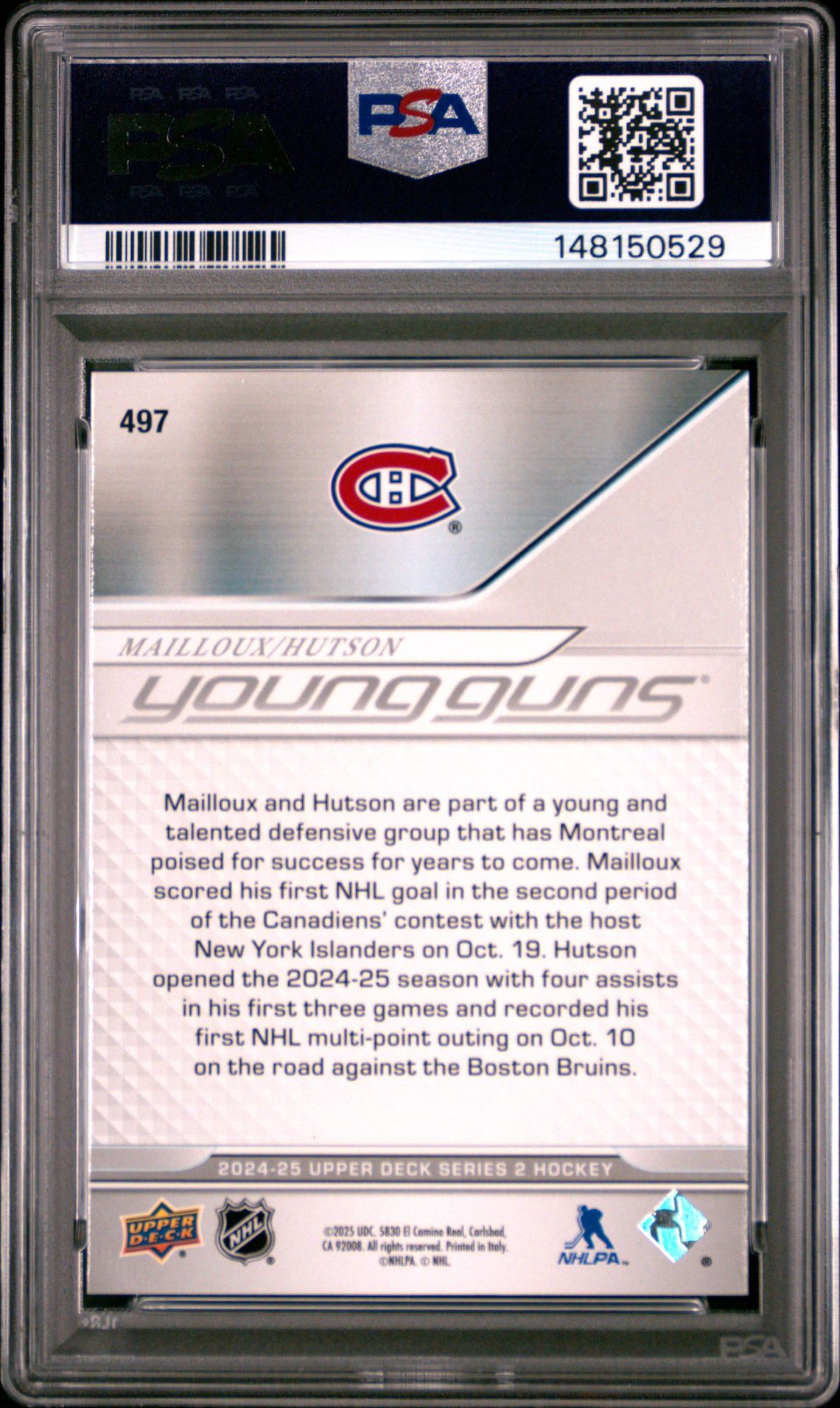 2024 Upper Deck Mailloux/Hutson #497 Gem Mt 10 back view - PSA certificate #148150529