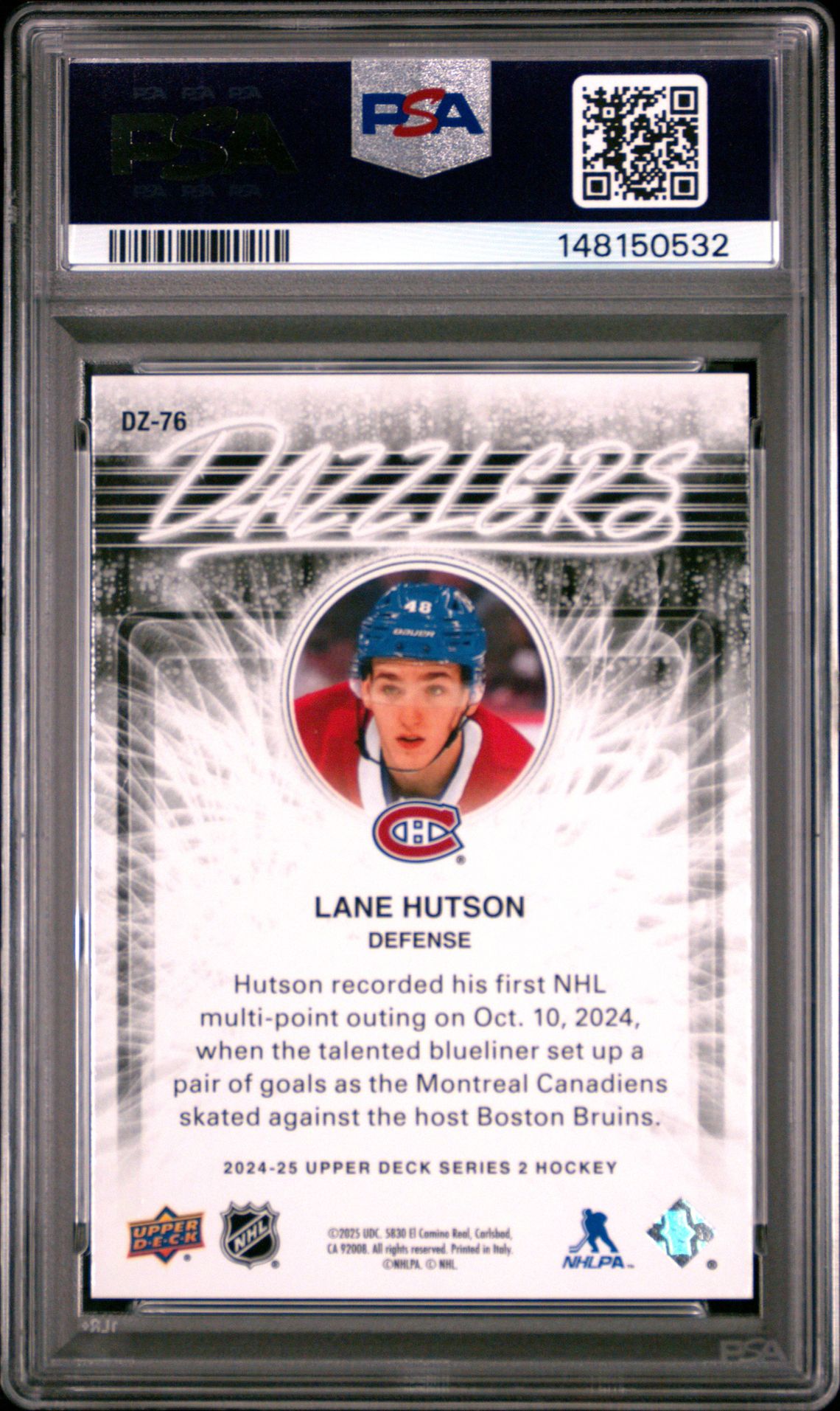 2024 Upper Deck Dazzlers Lane Hutson #Dz76 (Dazzlers-Green) Mint 9 back