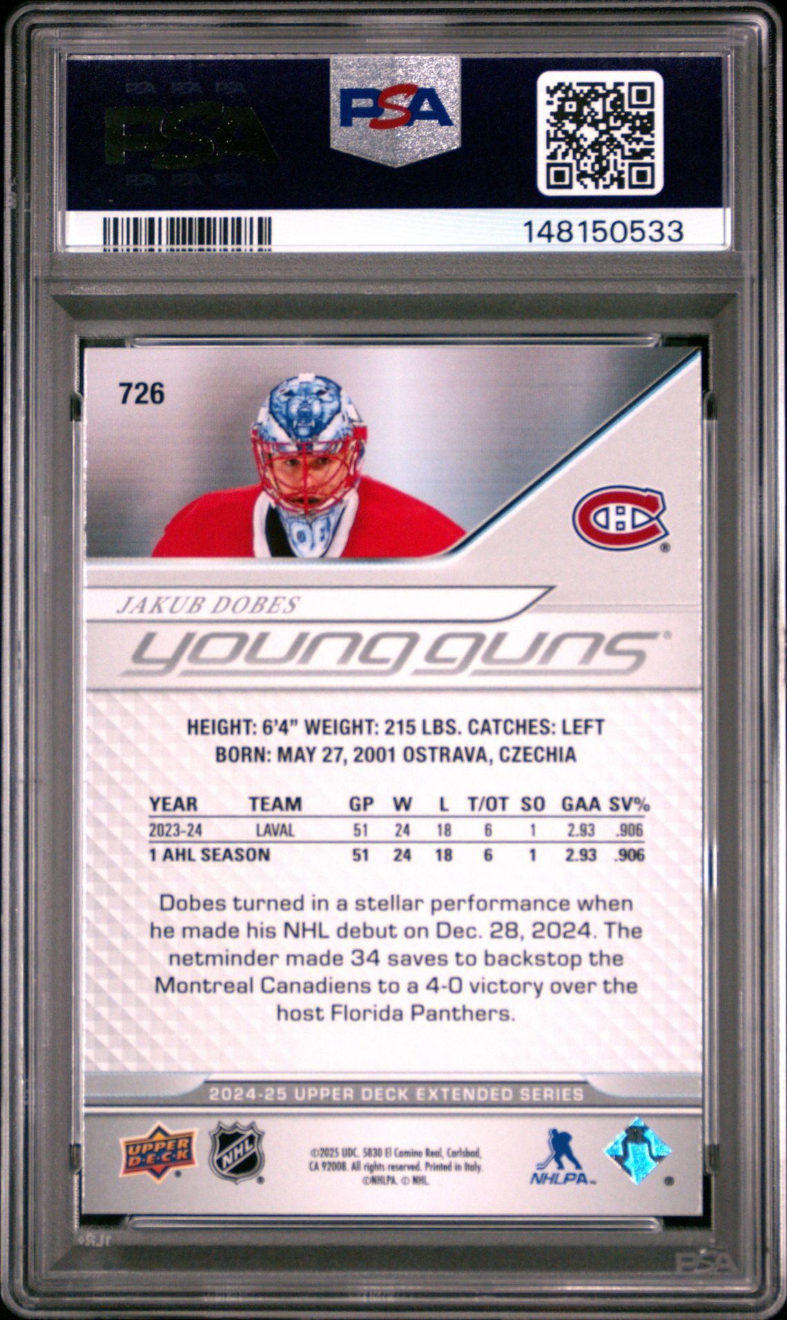 2024 Upper Deck Jakub Dobes #726 Gem Mt 10 back view - PSA certificate #148150533