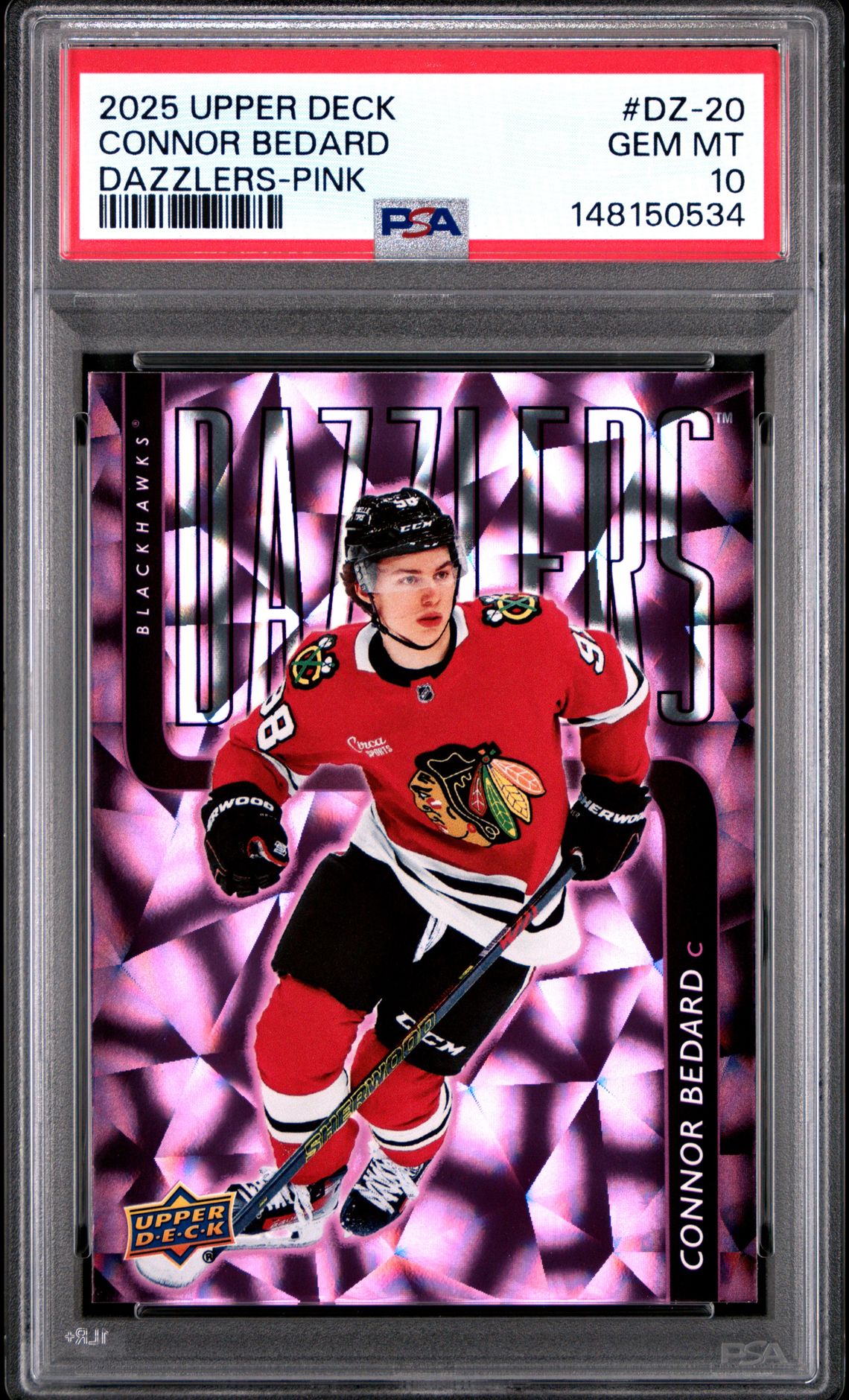 2025 Upper Deck Dazzlers Connor Bedard #Dz-20 (Dazzlers-Pink) Gem Mt 10 front view - PSA graded GEM MT 10