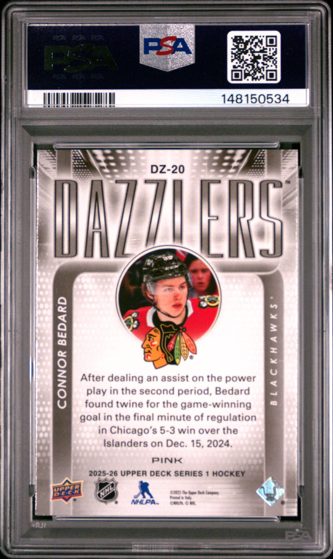 2025 Upper Deck Dazzlers Connor Bedard #Dz-20 (Dazzlers-Pink) Gem Mt 10 back view - PSA certificate #148150534