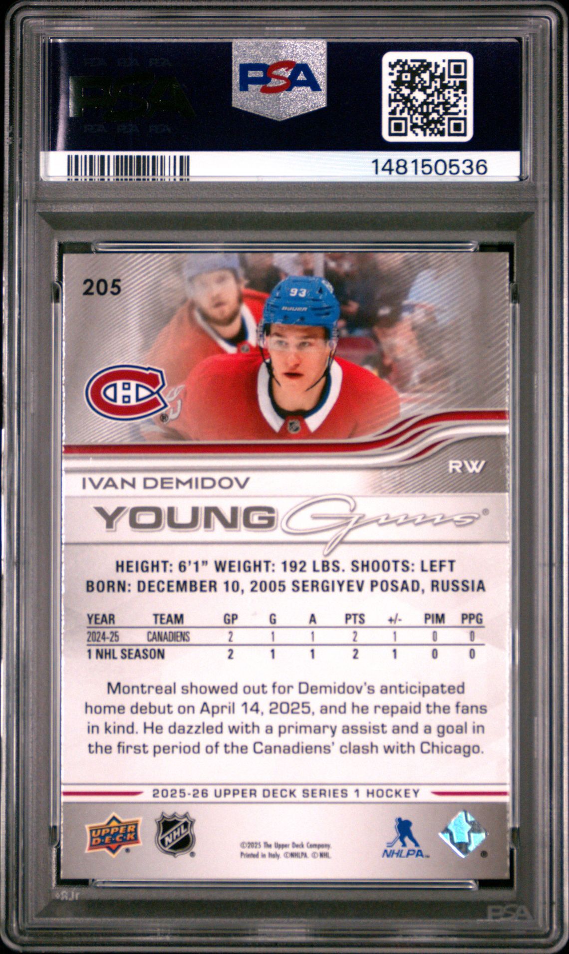 2025 Upper Deck Ivan Demidov #205 Gem Mt 10 back view - PSA certificate #148150536