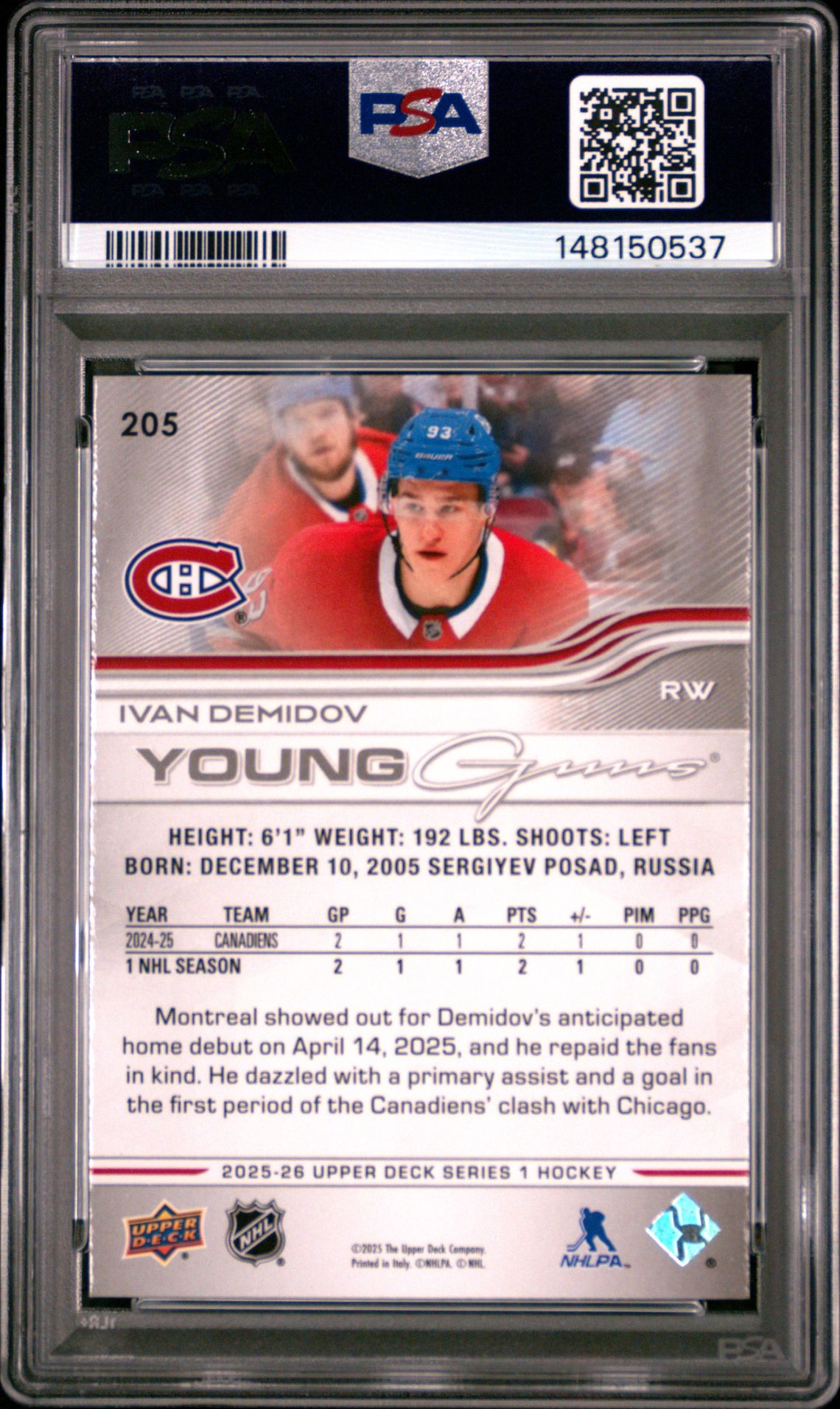2025 Upper Deck Ivan Demidov #205 Gem Mt 10 back view - PSA certificate #148150537