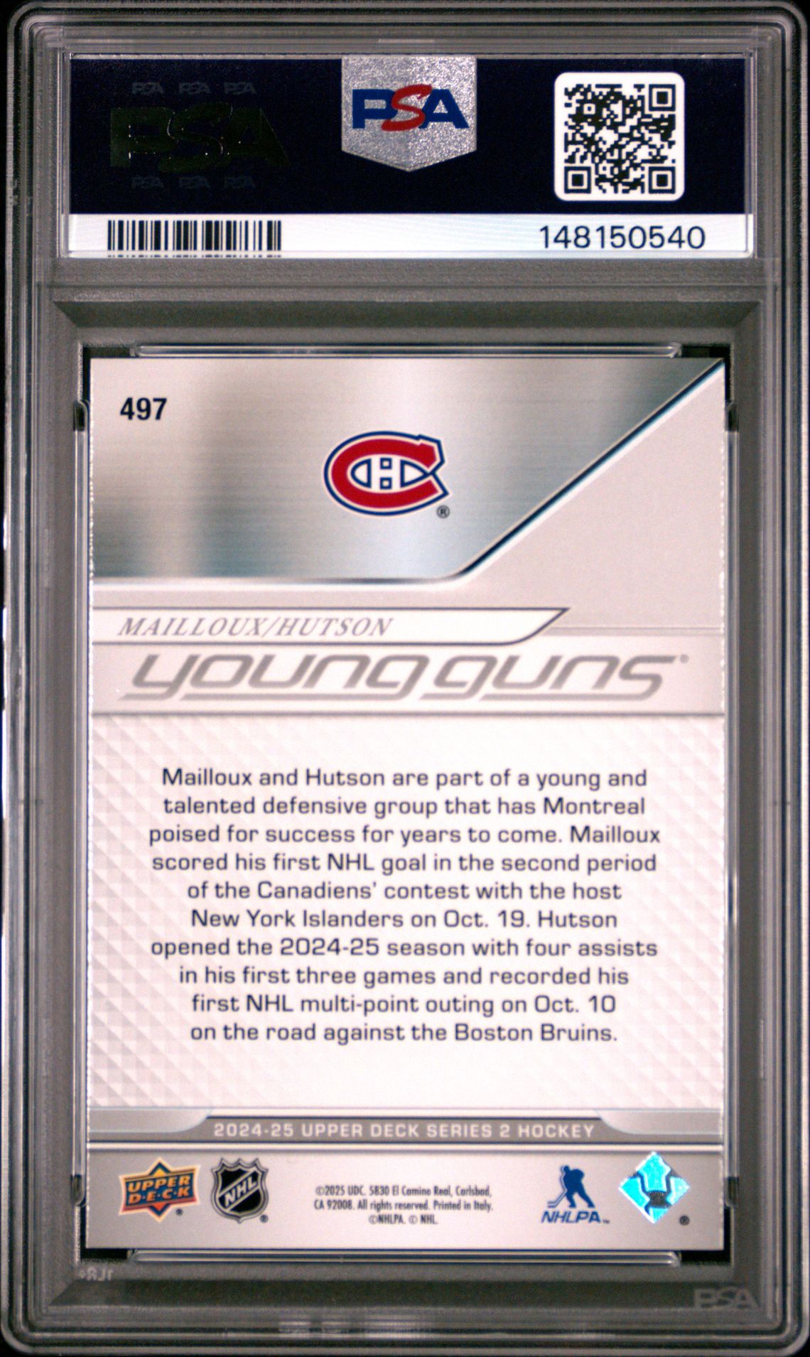 2024 Upper Deck Mailloux/Hutson #497 Gem Mt 10 back