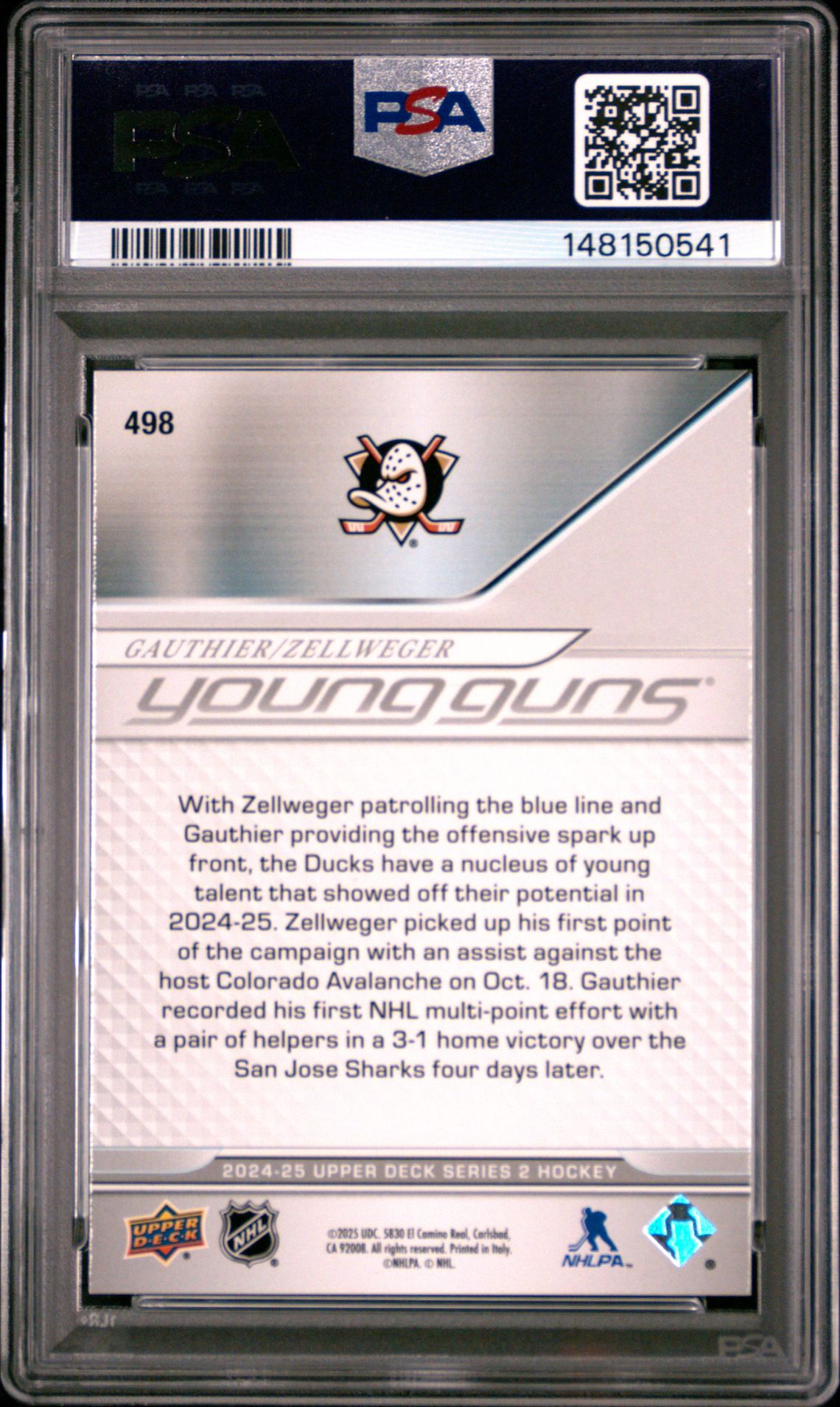 2024 Upper Deck Gauthier/Zellweger #498 Gem Mt 10 back view - PSA certificate #148150541