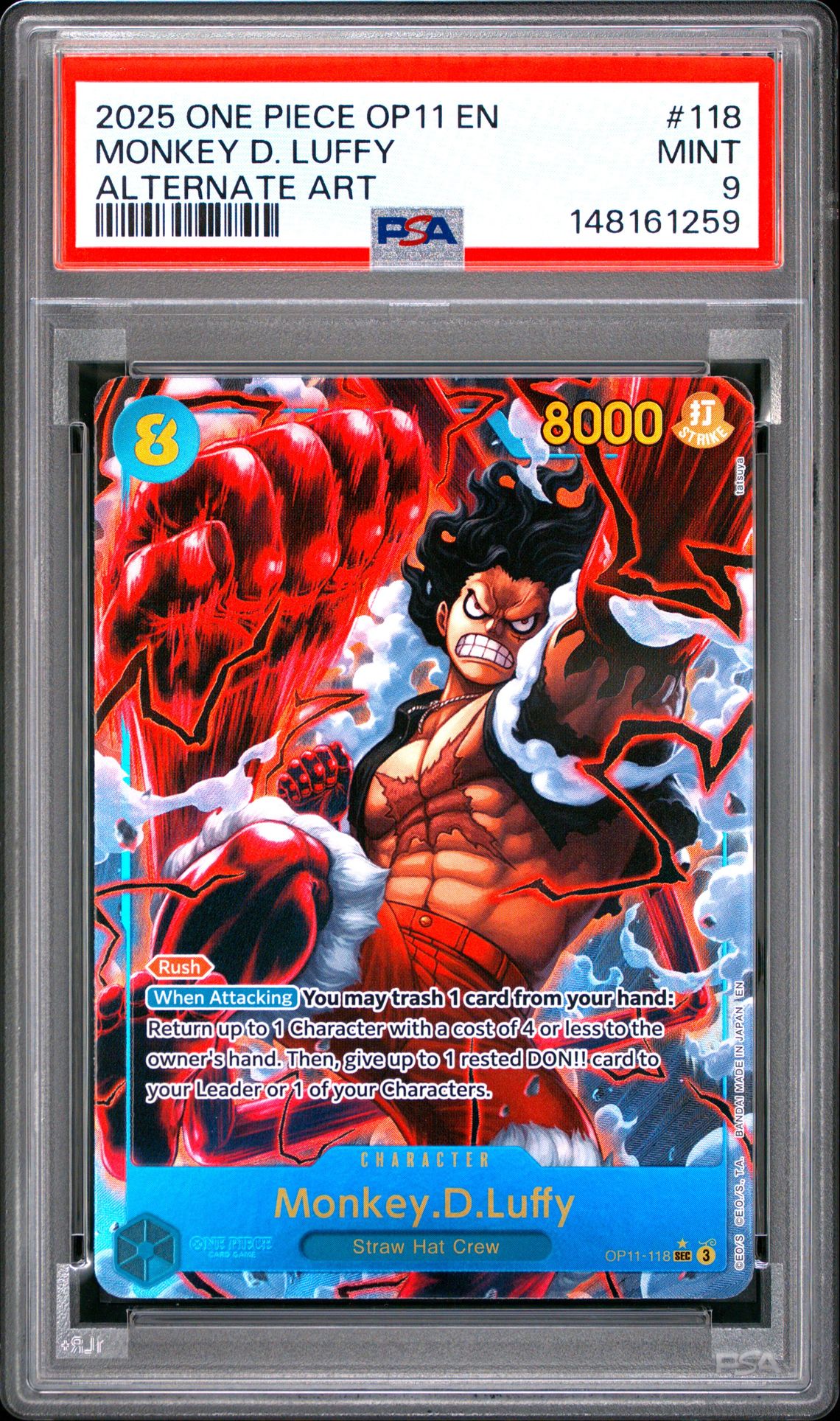 2025 One Piece Op11-A Fist Of Divine Speed Monkey D. Luffy #118 (Alternate Art) Mint 9 front