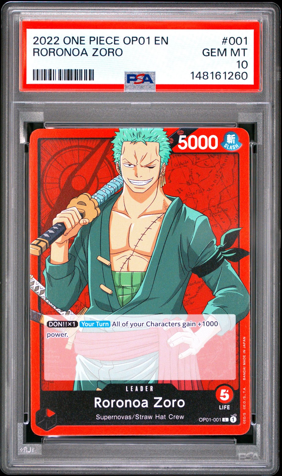 2022 One Piece Op01-Romance Dawn Roronoa Zoro #001 Gem Mt 10 front