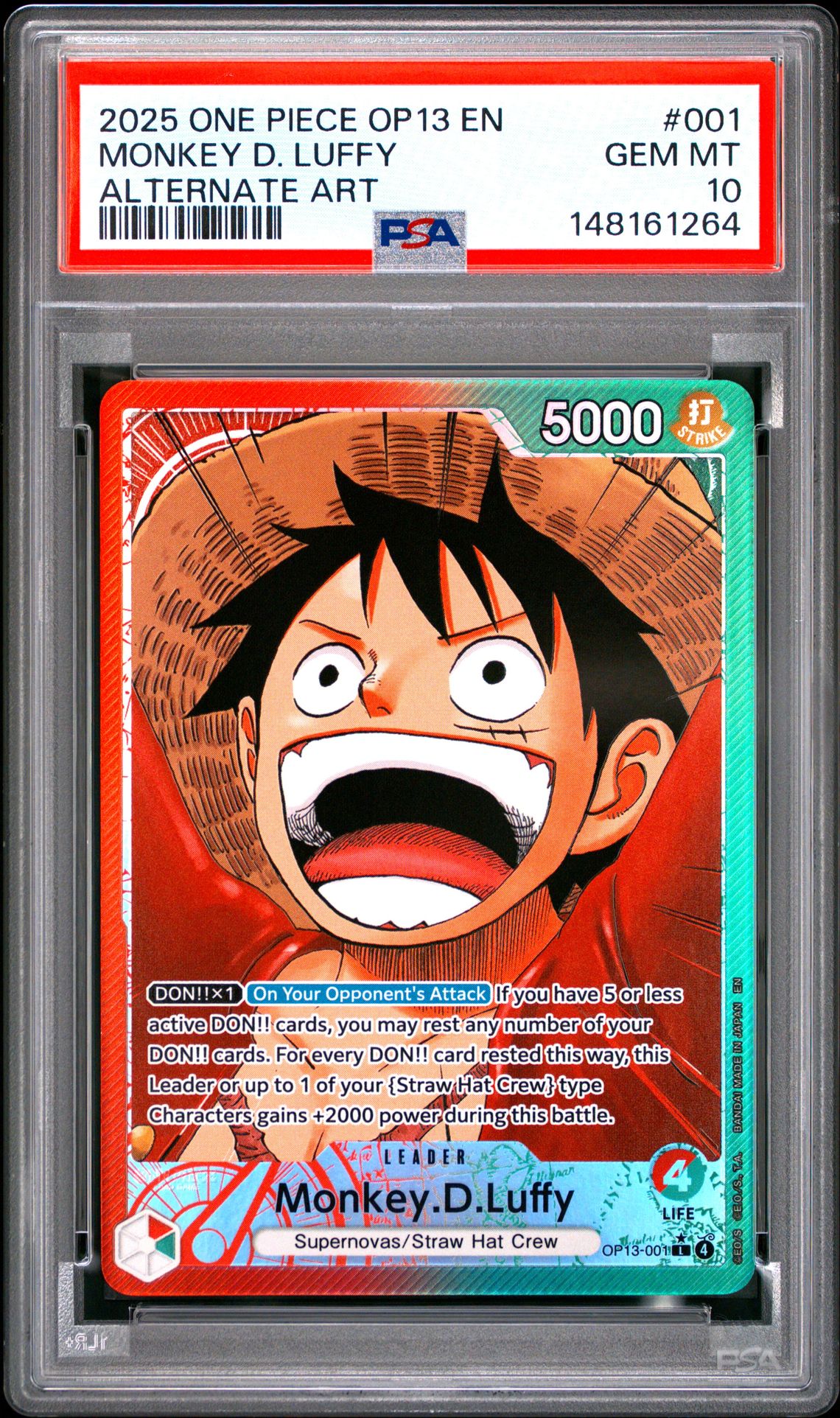 2025 One Piece Op13-Carrying On His Will Monkey D. Luffy #001 (Alternate Art) Gem Mt 10 front