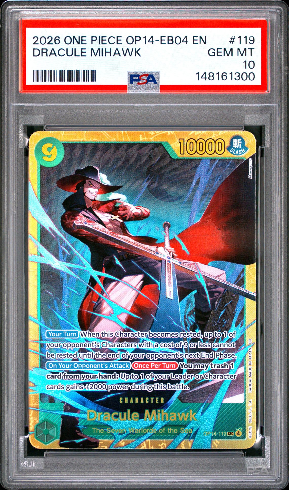 2026 One Piece Op14-Eb04-The Azure Sea's Seven Dracule Mihawk #119 Gem Mt 10 front