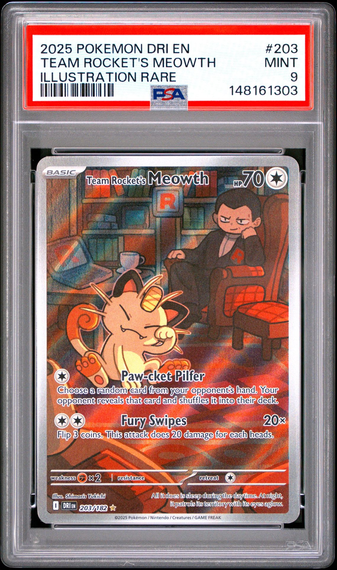 2025 Pokemon Dri En-Destined Rivals Team Rocket's Meowth #203 (Illustration Rare) Mint 9 front