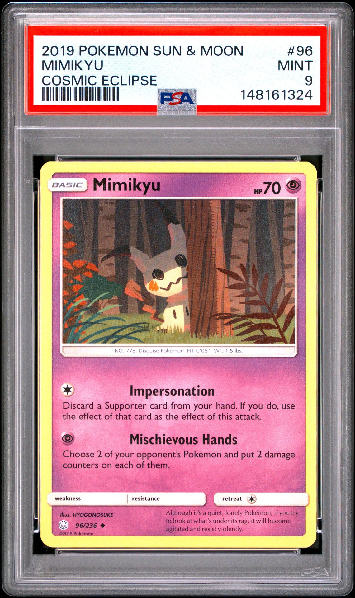 2019 Pokemon Sun & Moon Cosmic Eclipse Mimikyu #96 (Cosmic Eclipse) Mint 9 front