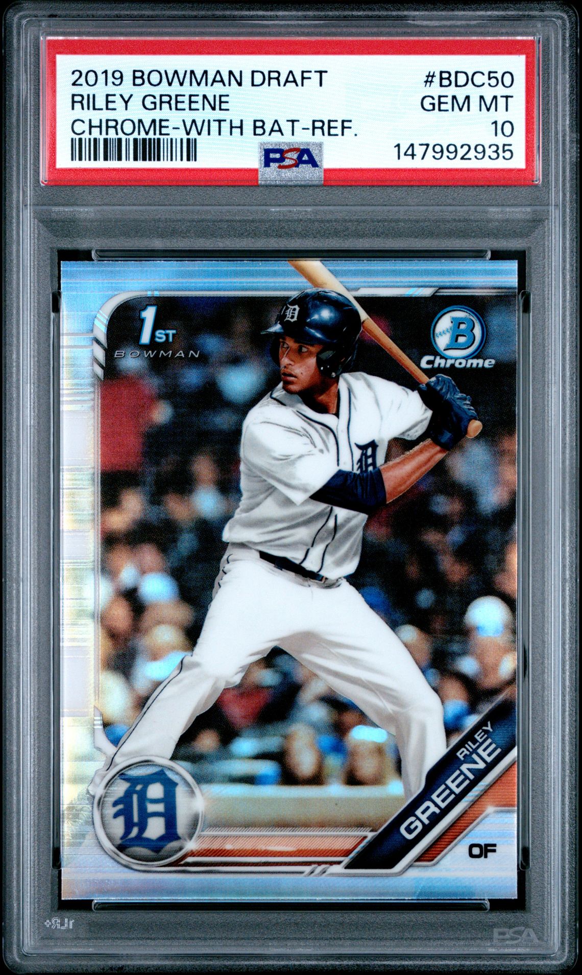 2019 Bowman Draft Riley Greene #Bdc50 (Chrome-With Bat-Ref.) Gem Mt 10 front