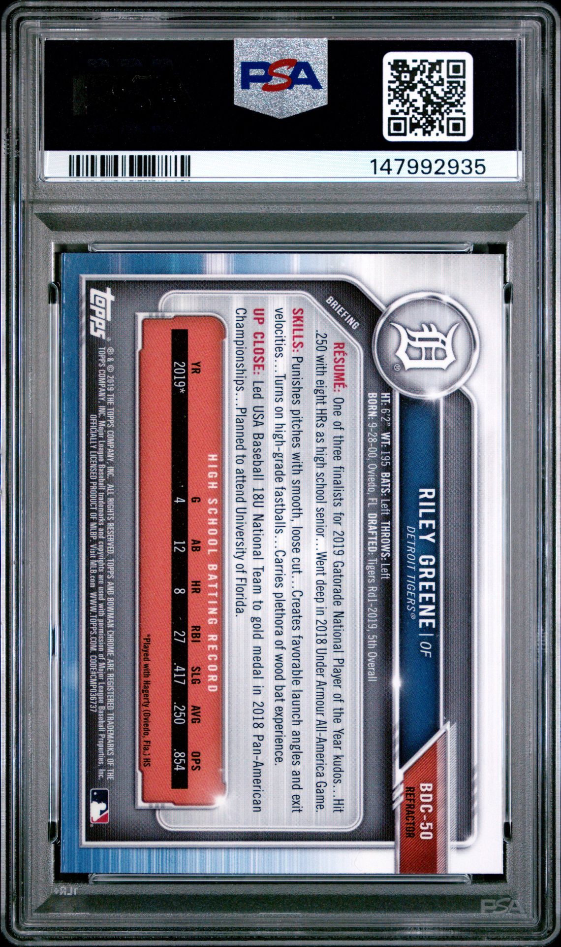 2019 Bowman Draft Riley Greene #Bdc50 (Chrome-With Bat-Ref.) Gem Mt 10 back