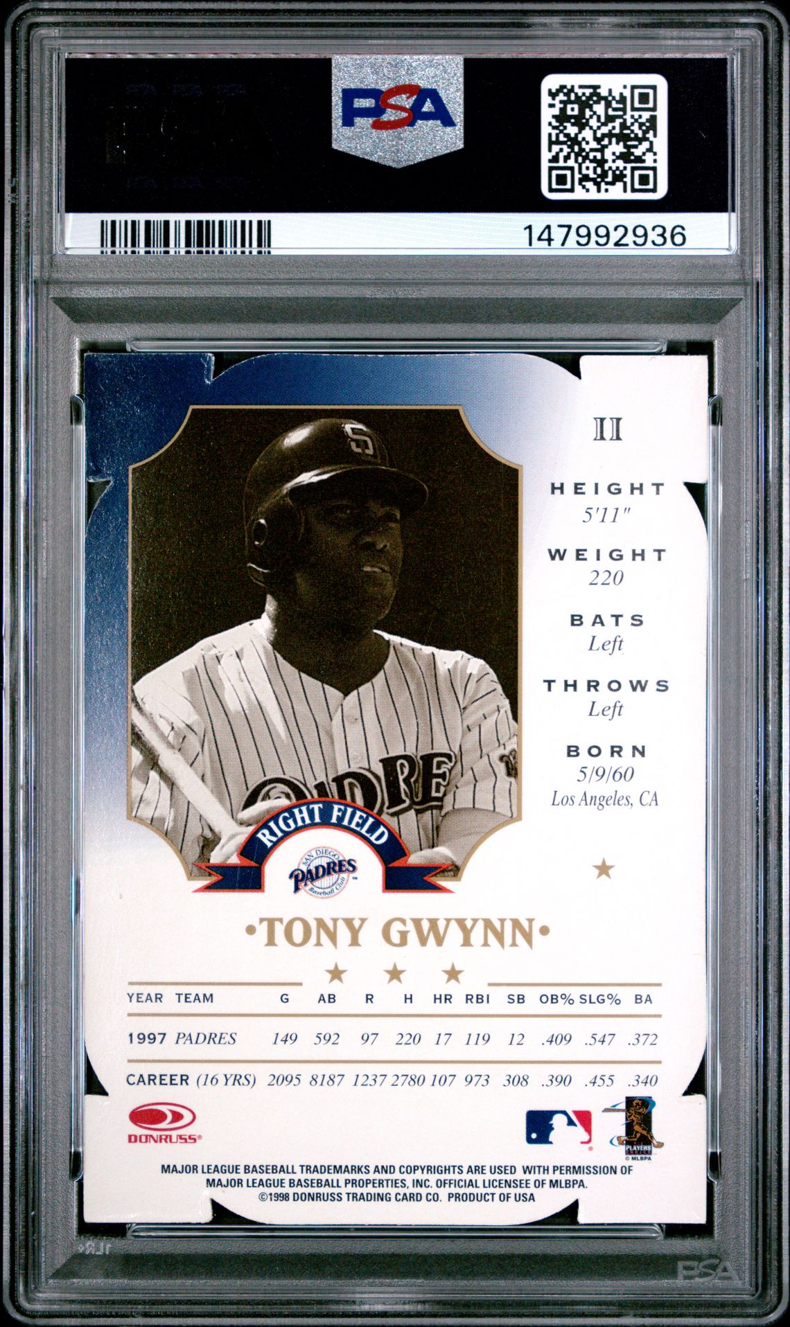 1998 Leaf Fractal Matrix Tony Gwynn #11 (Fractal Matrix-Die-Cut) Nm-Mt 8 back