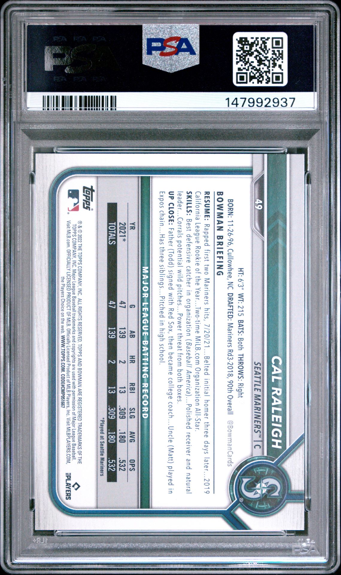 2022 Bowman Cal Raleigh #49 Nm-Mt 8 back
