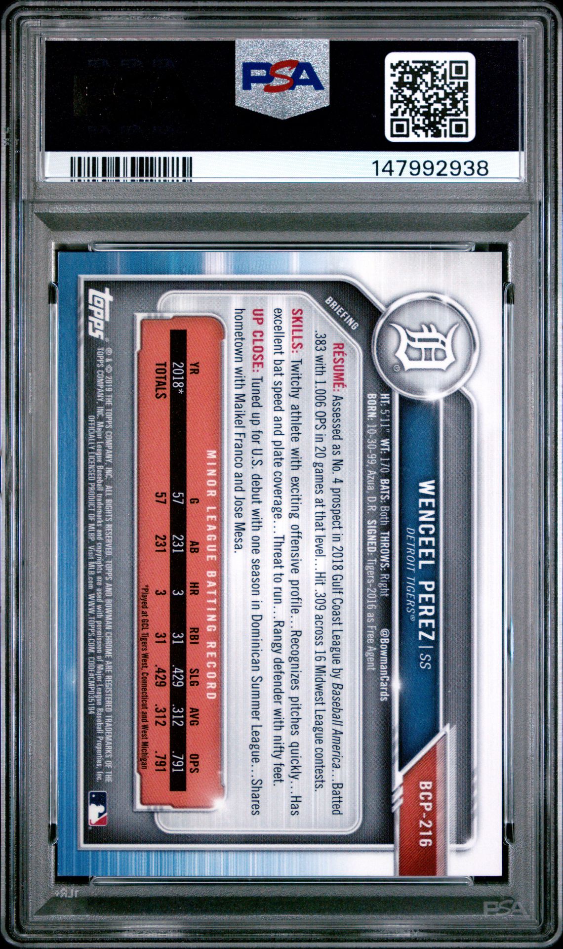 2019 Bowman Chrome Prospects Wenceel Perez #Bcp216 (Prospects-Orange Shimmer) Gem Mt 10 back