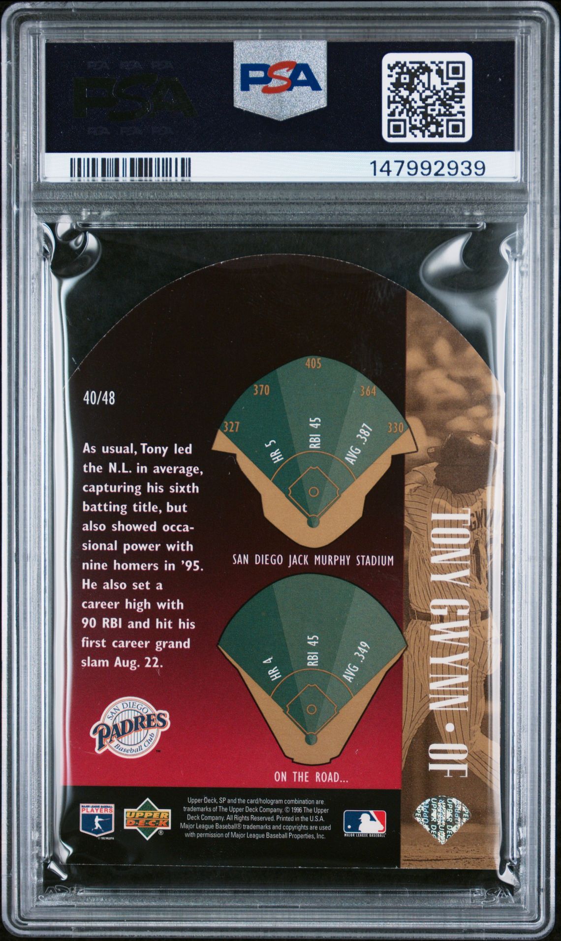 1996 Sp Special F/X Tony Gwynn #40 (Die-Cut) Nm-Mt 8 back