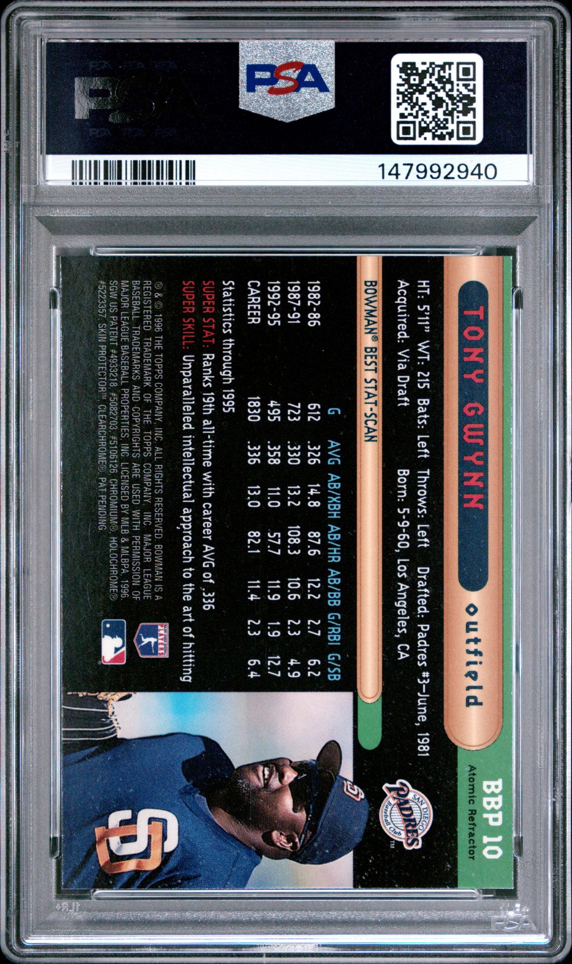 1996 Bowman's Best Preview Tony Gwynn #Bbp10 (Preview-Atomic Refractor) Nm-Mt 8 back