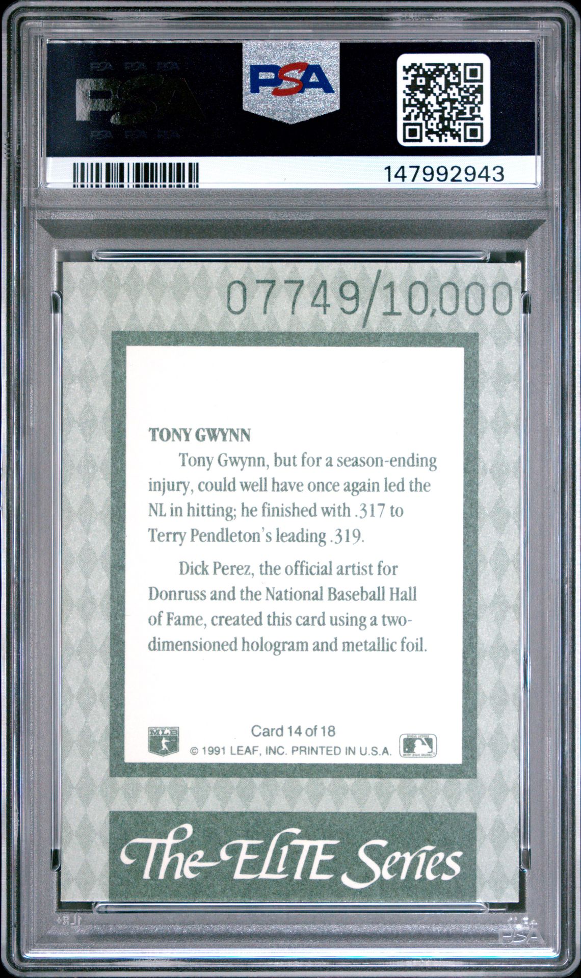 1992 Donruss Elite Tony Gwynn #14 Ex-Mt 6 back