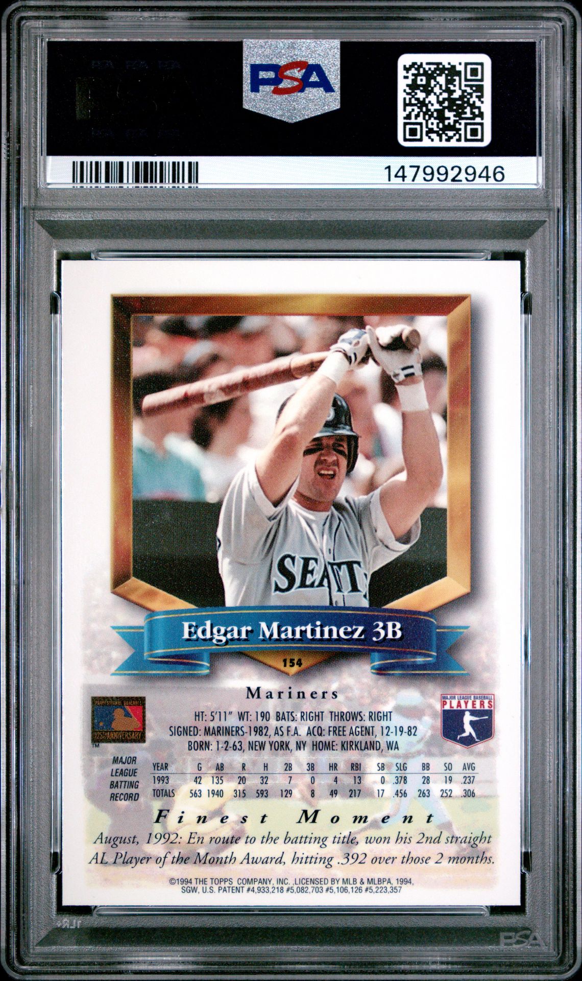 1994 Finest Edgar Martinez #154 (Refractor) Nm-Mt 8 back