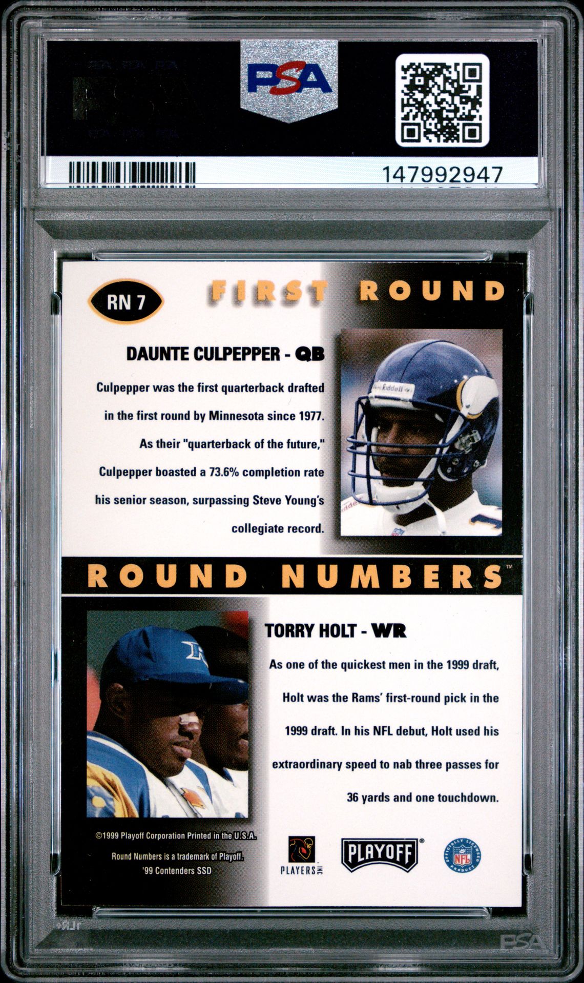 1999 Playoff Contenders Round Numbers Autographs D.culpepper/T.holt #Rn7 (Round Numbers-Auto.) Mint 9 back