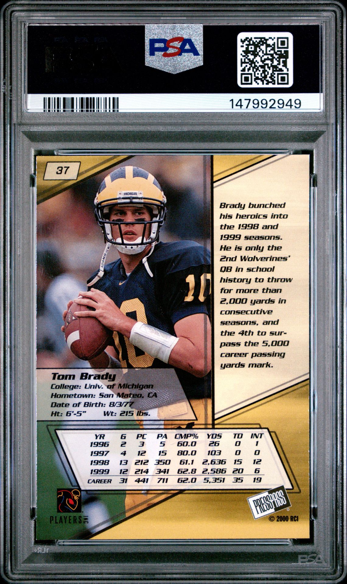 2000 Press Pass Tom Brady #37 Ex-Mt 6 back