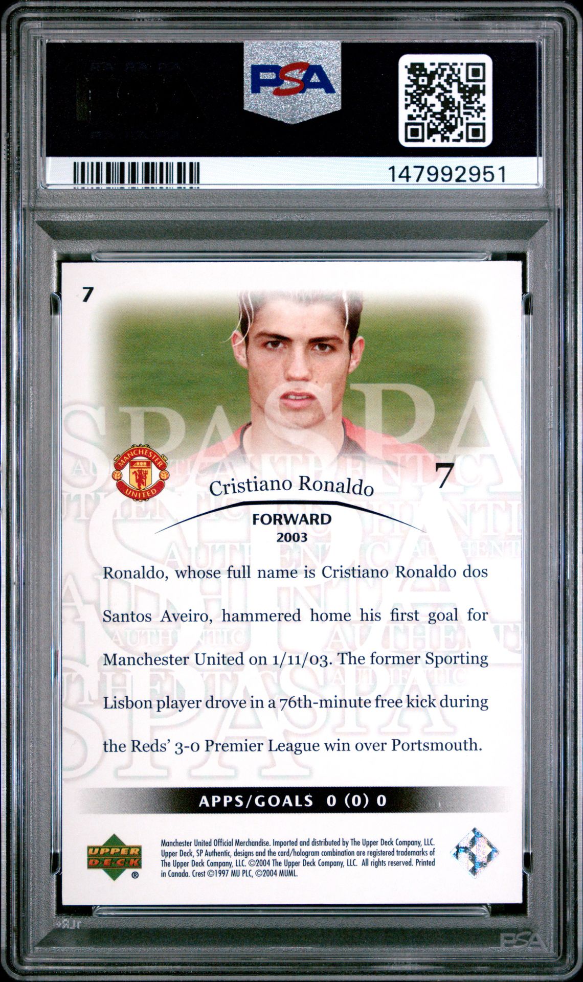 2004 Sp Authentic Manchester United Cristiano Ronaldo #7 (Manchester United) Ex-Mt 6 back