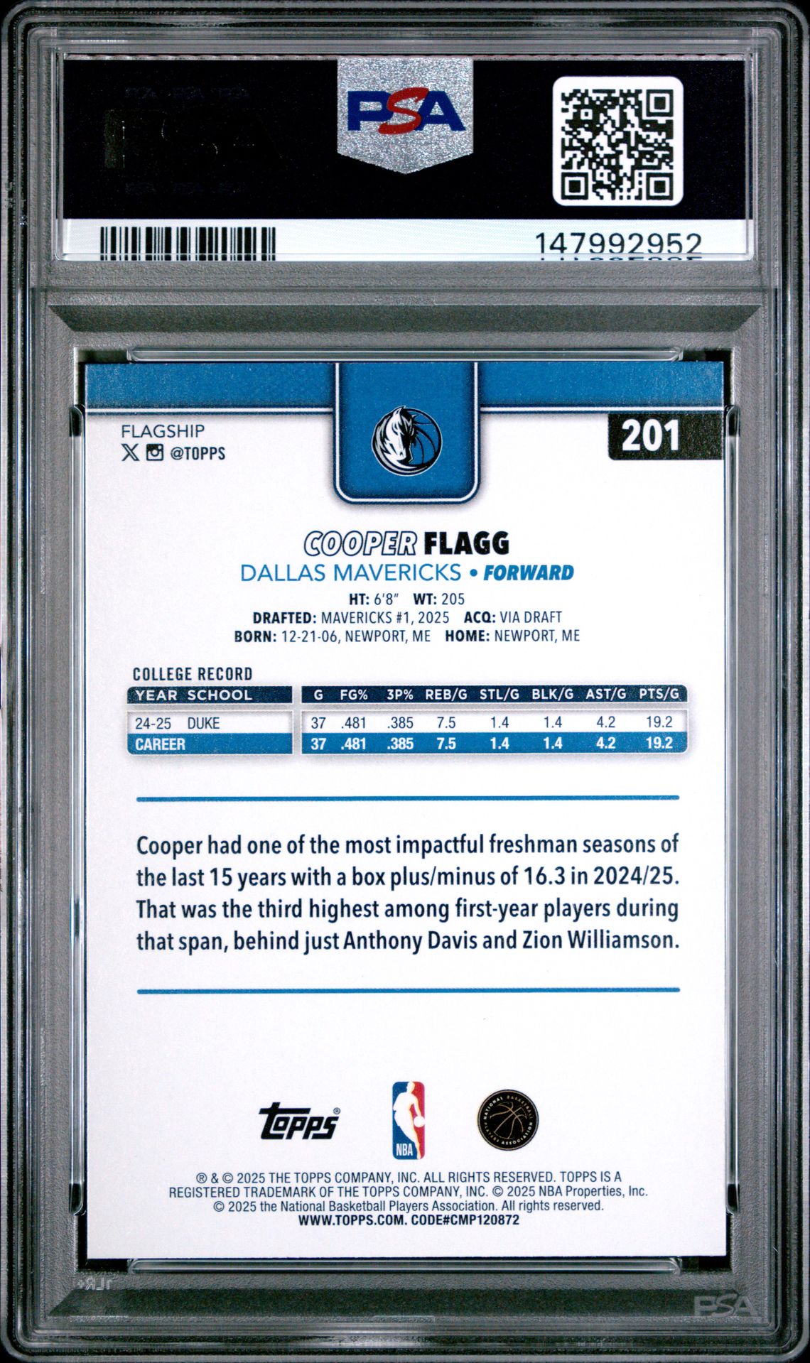 2025 Topps Cooper Flagg #201 Mint 9 back