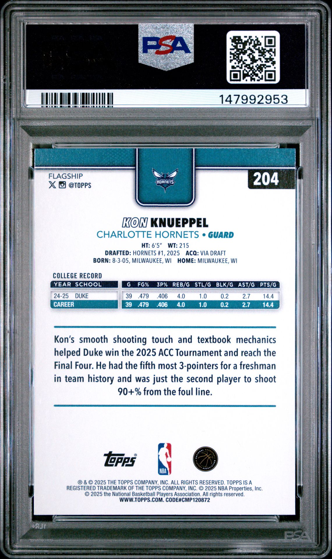 2025 Topps Kon Knueppel #204 Gem Mt 10 back view - PSA certificate #147992953