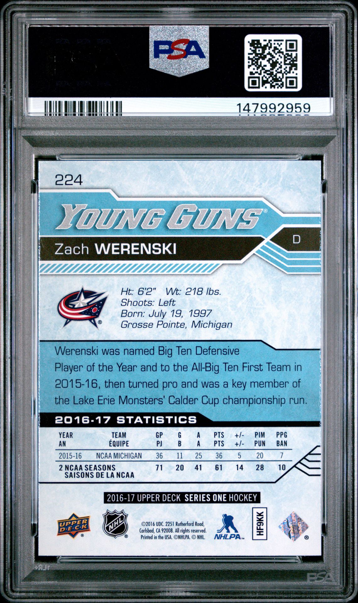 2016 Upper Deck Zach Werenski #224 Gem Mt 10 back view - PSA certificate #147992959