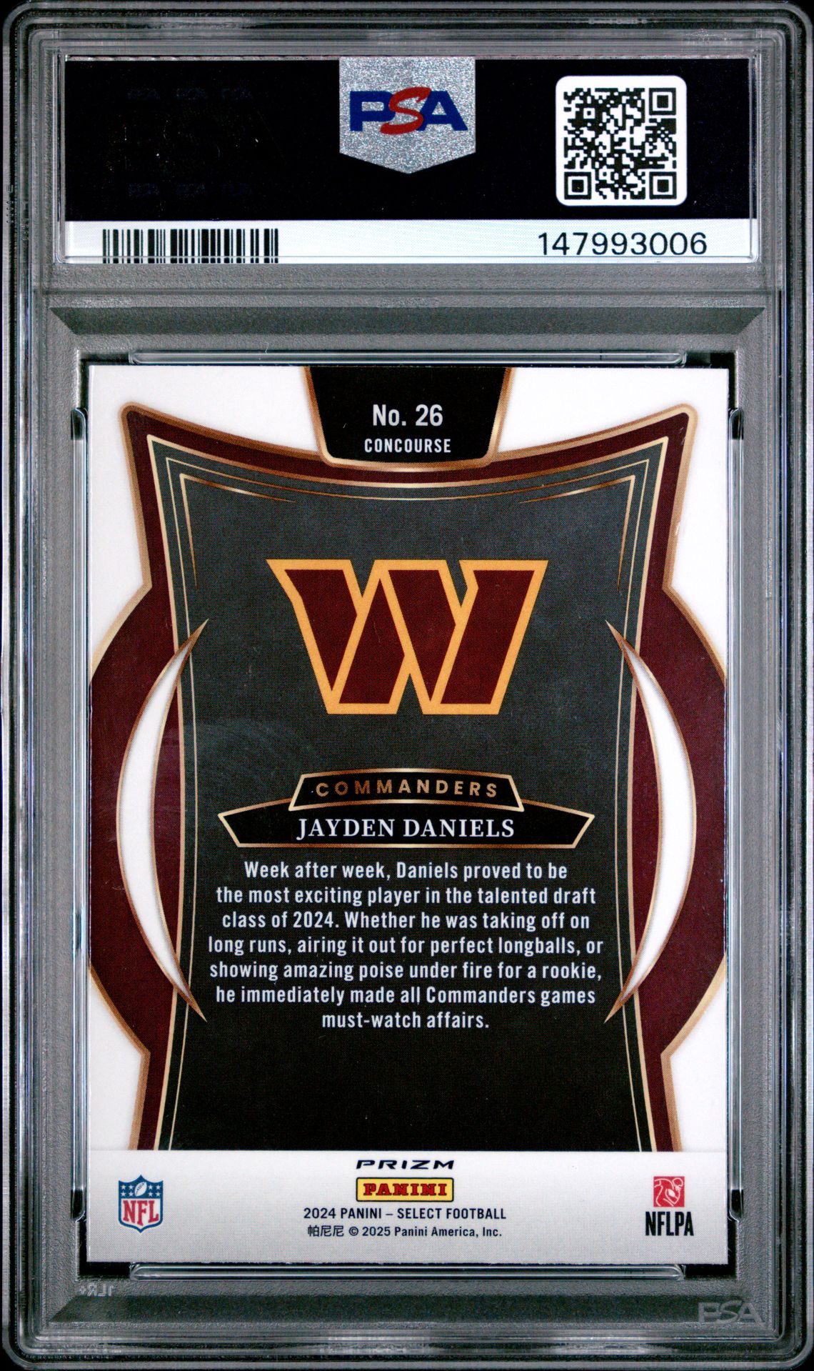 2024 Panini Select Jayden Daniels #26 (Black & Red Shock) Gem Mt 10 back view - PSA certificate #147993006