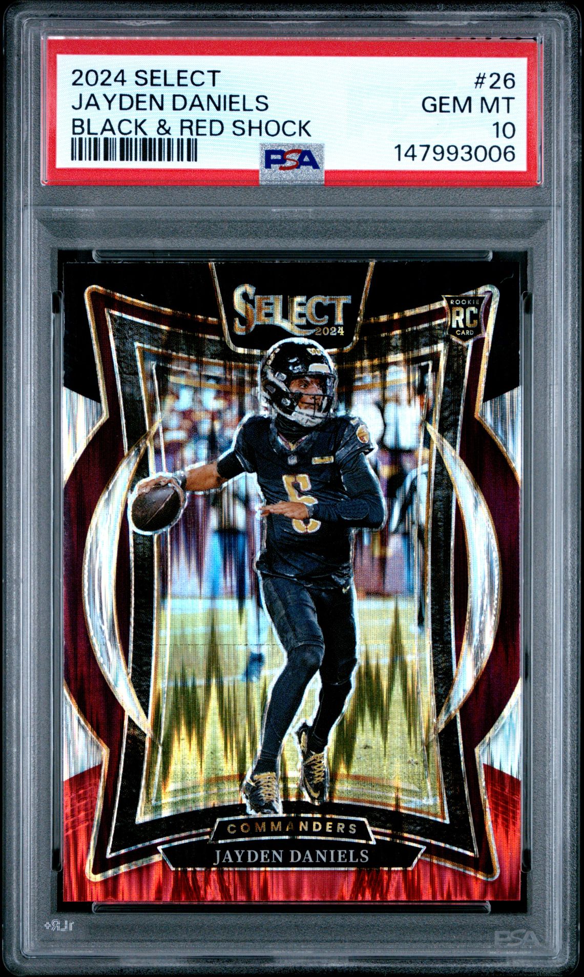 2024 Panini Select Jayden Daniels #26 (Black & Red Shock) Gem Mt 10 front view - PSA graded GEM MT 10