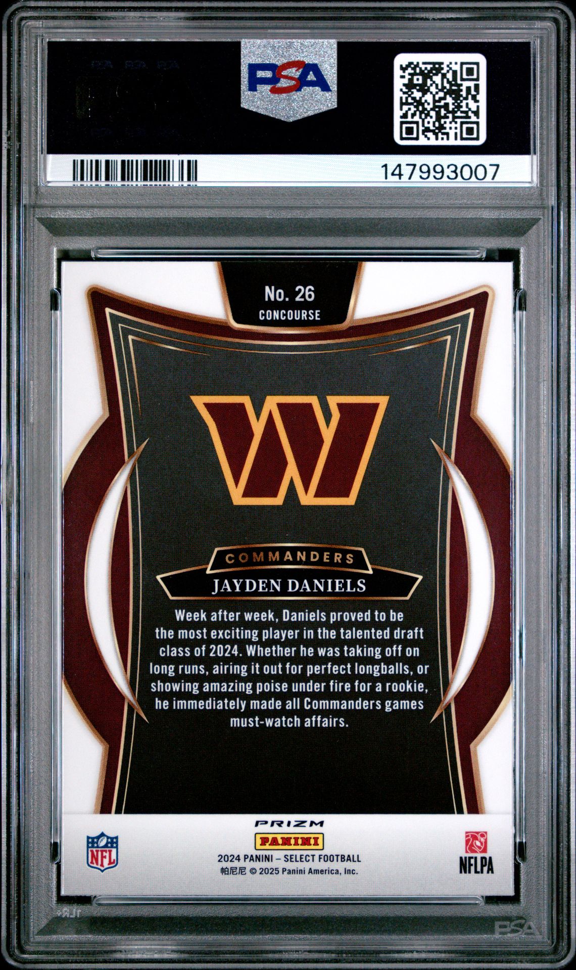 2024 Panini Select Jayden Daniels #26 (Black & Red Shock) Gem Mt 10 back view - PSA certificate #147993007