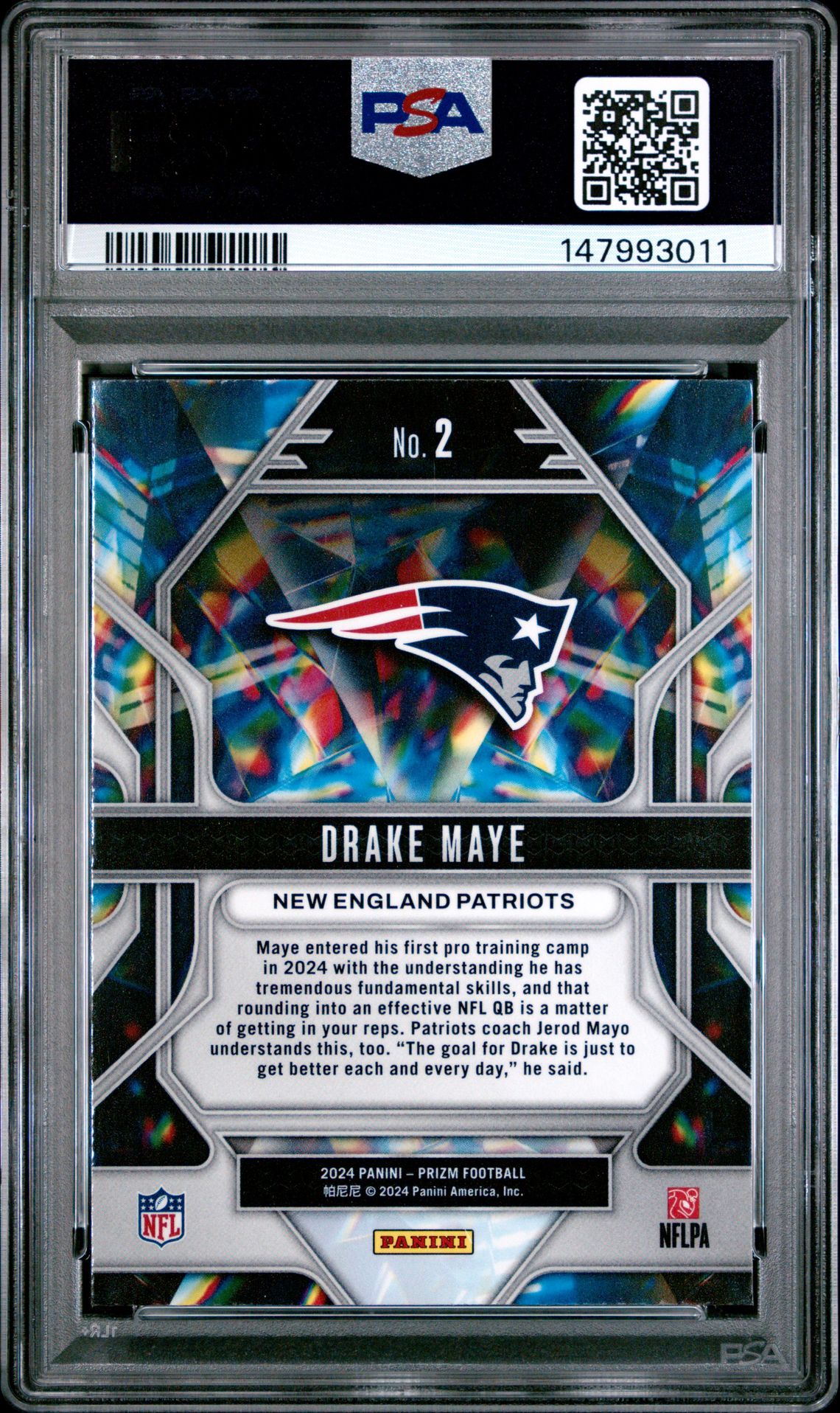2024 Panini Prizm Prizmatic Drake Maye #2 Gem Mt 10 back view - PSA certificate #147993011
