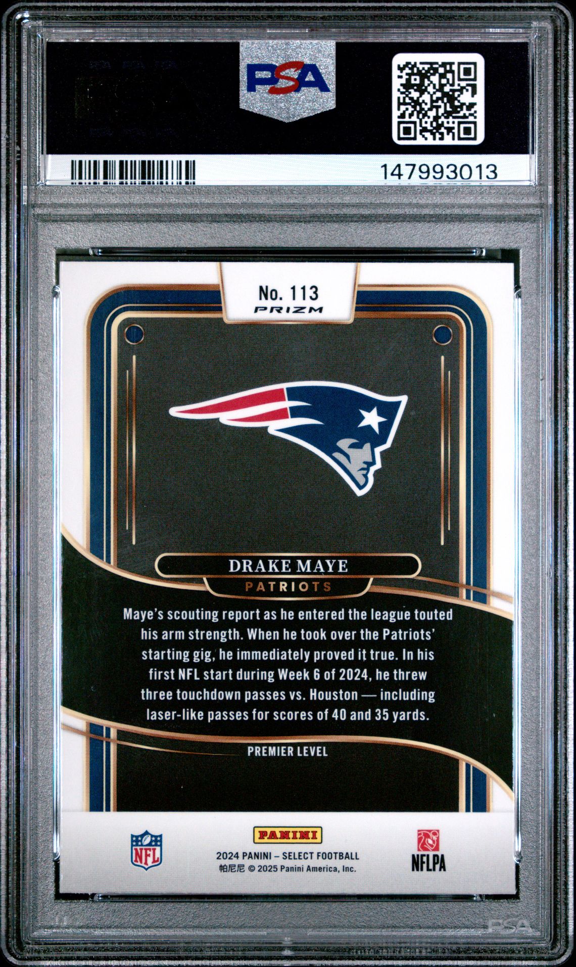 2024 Panini Select Drake Maye #113 (Black & Red Shock) Gem Mt 10 back view - PSA certificate #147993013