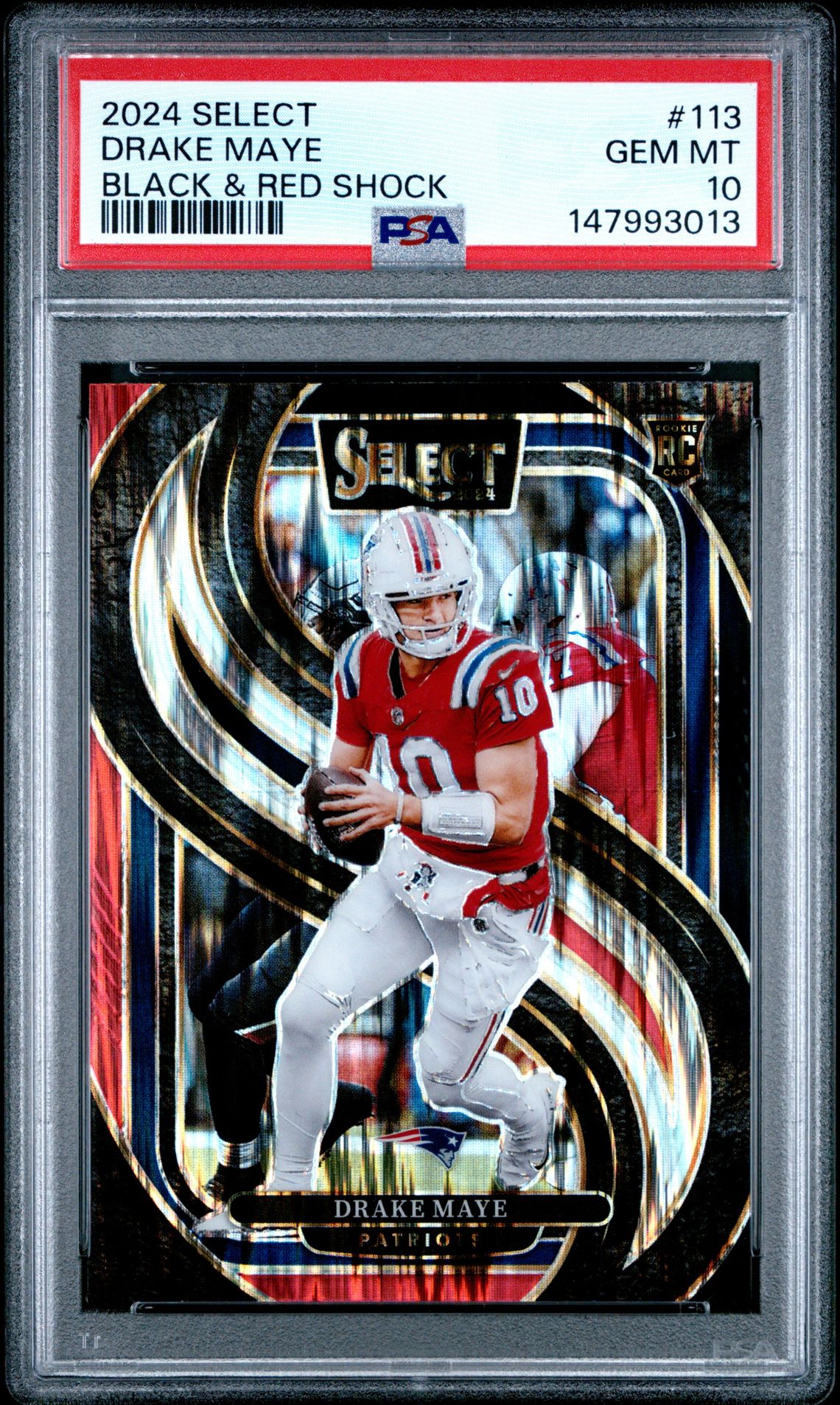 2024 Panini Select Drake Maye #113 (Black & Red Shock) Gem Mt 10 front view - PSA graded GEM MT 10