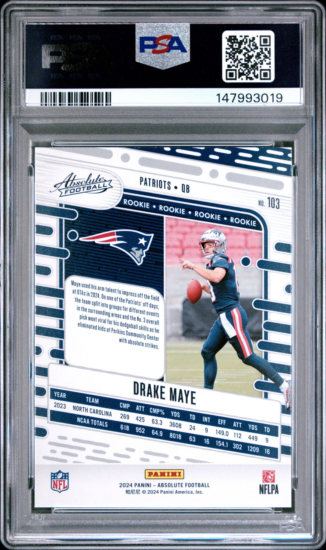 2024 Panini Absolute Drake Maye #103 Gem Mt 10 back view - PSA certificate #147993019