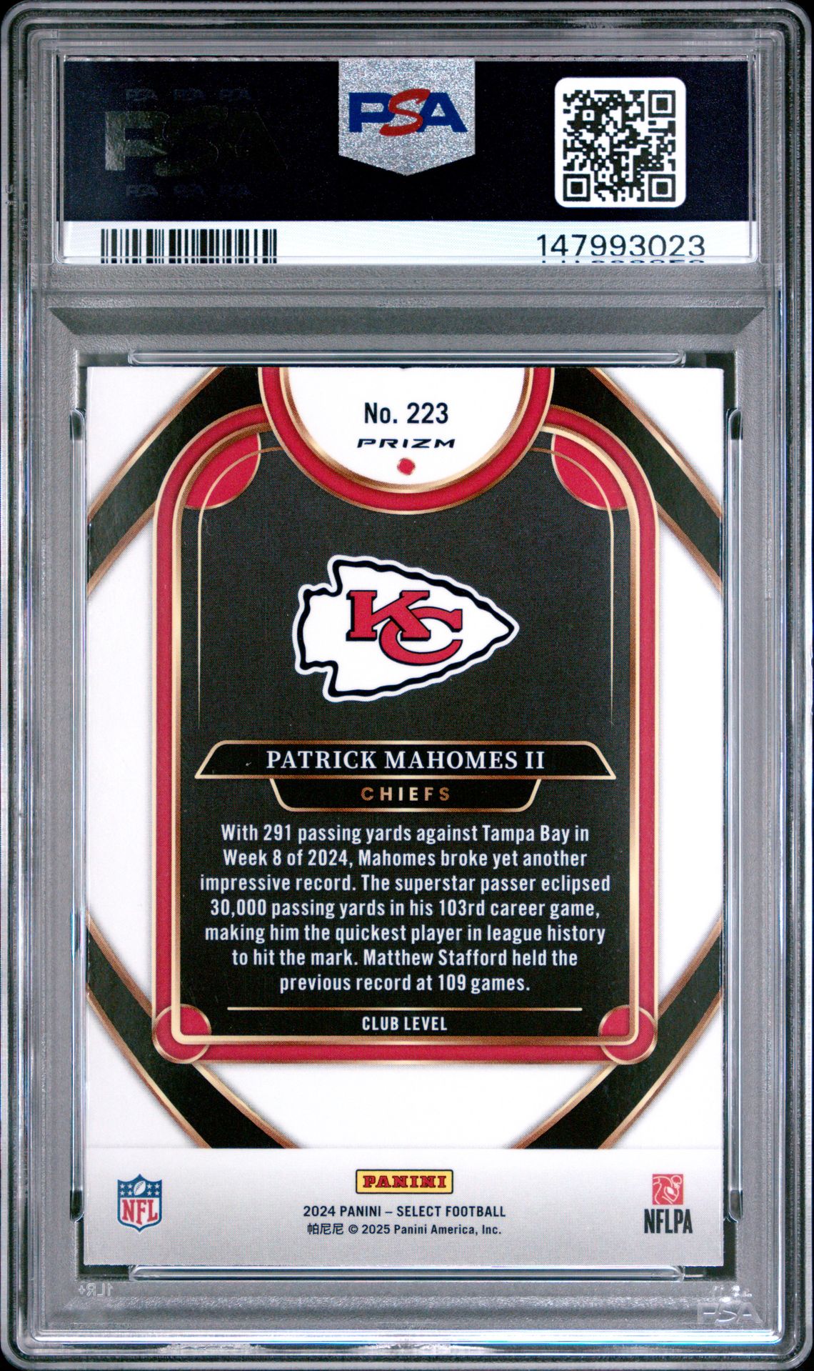 2024 Panini Select Patrick Mahomes Ii #223 (Black & Red Shock) Mint 9 back