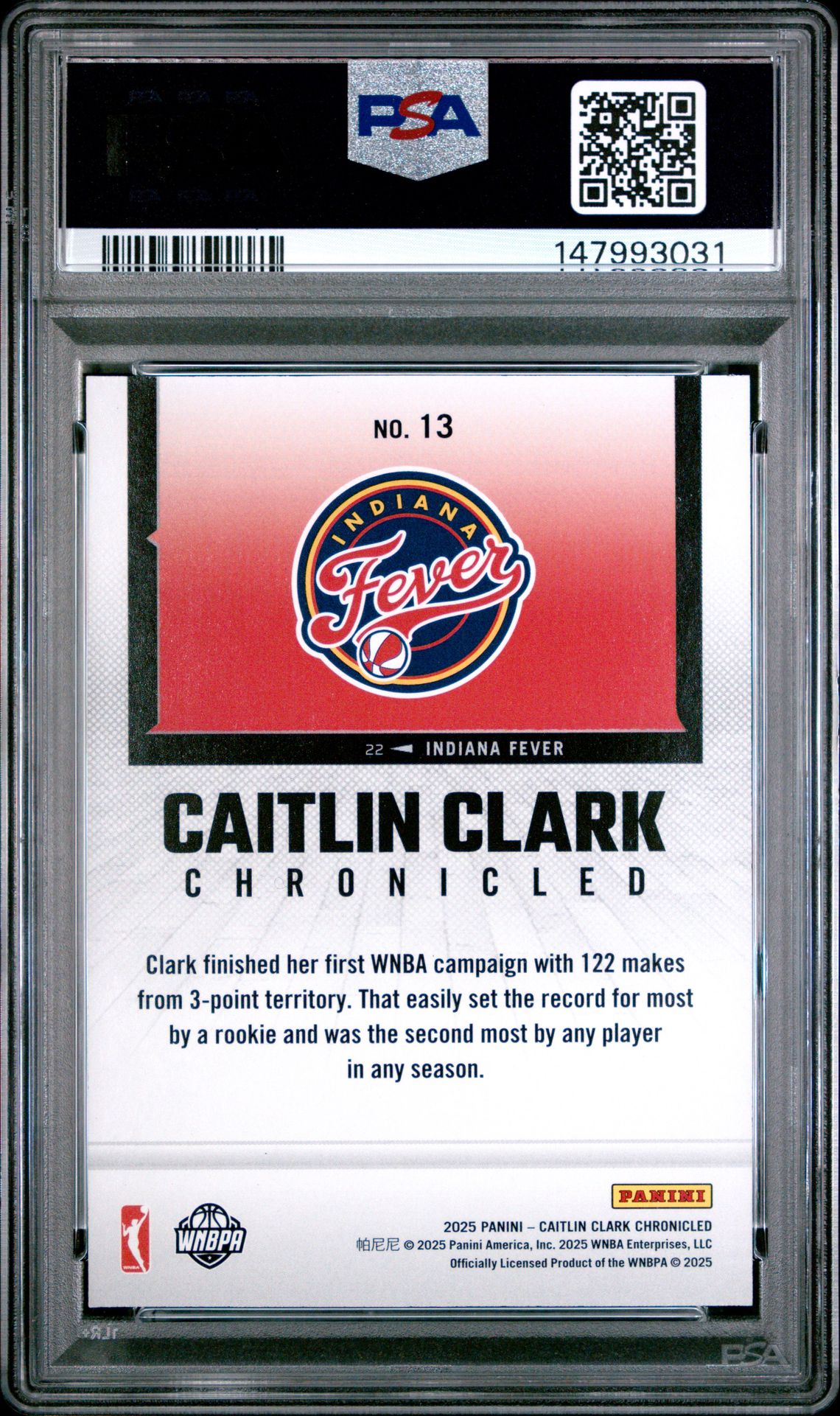 2025 Panini Caitlin Clark Chronicled Caitlin Clark #13 (Holo) Gem Mt 10 back