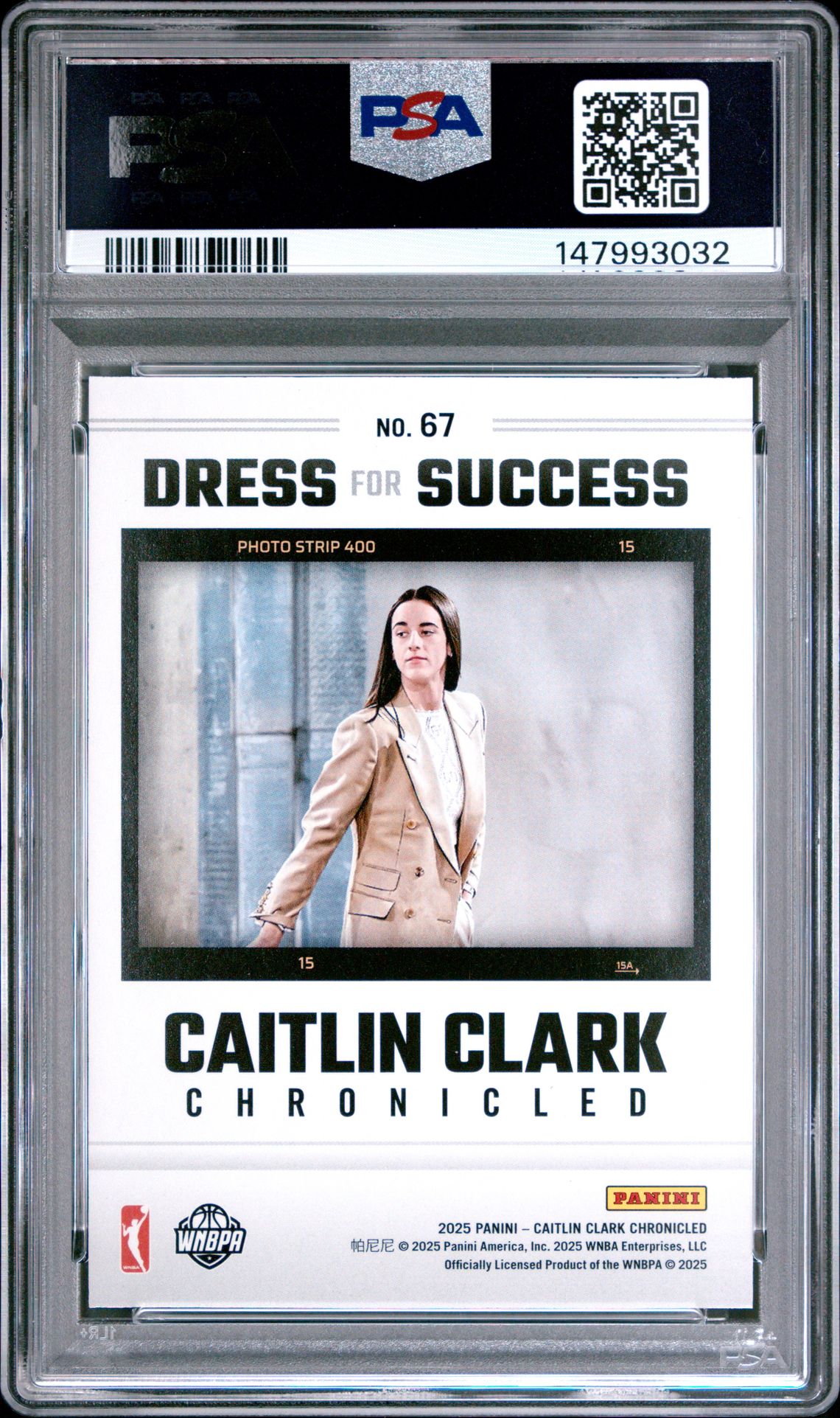 2025 Panini Caitlin Clark Chronicled Caitlin Clark #67 (Holo) Gem Mt 10 back view - PSA certificate #147993032