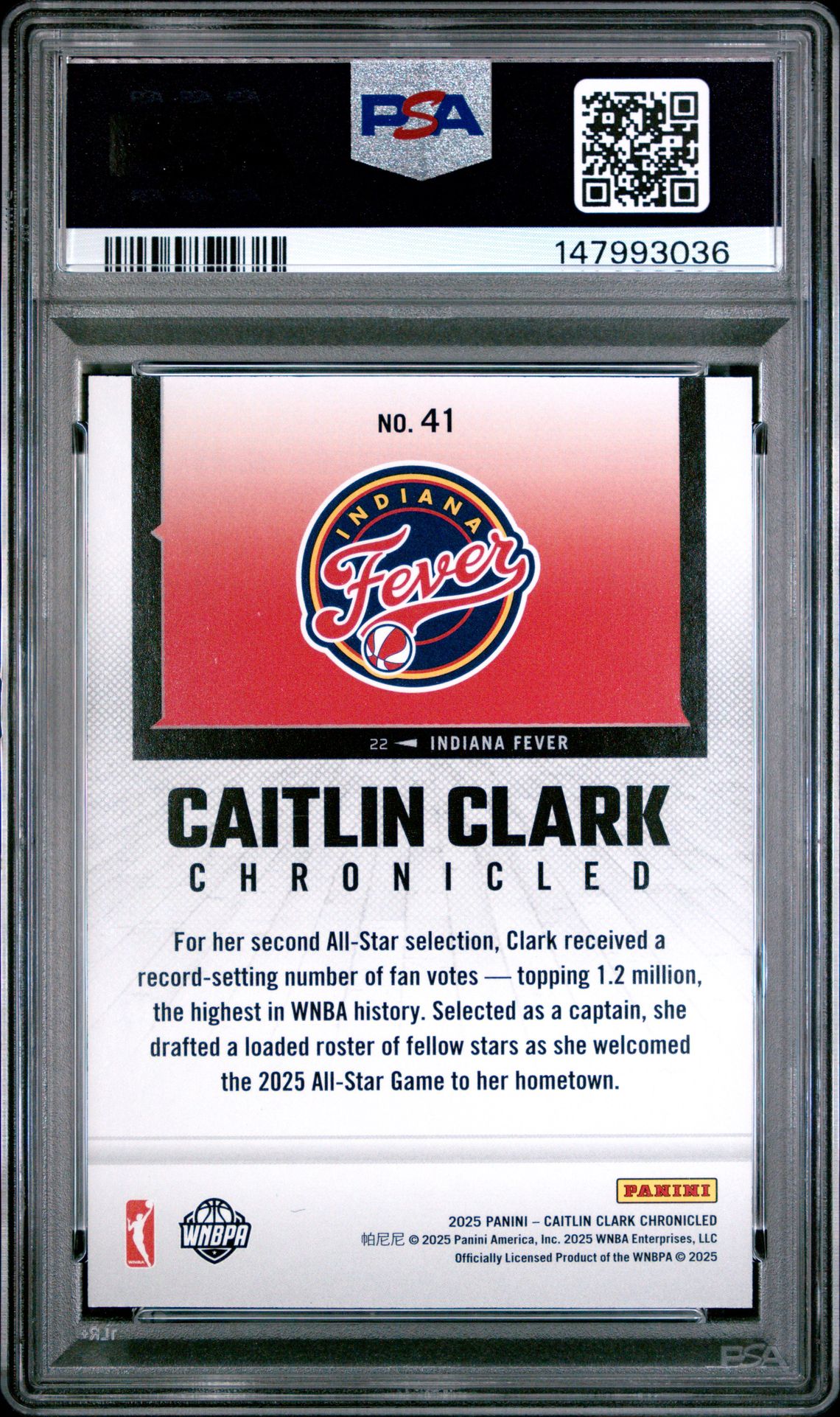 2025 Panini Caitlin Clark Chronicled Caitlin Clark #41 (Holo) Gem Mt 10 back view - PSA certificate #147993036