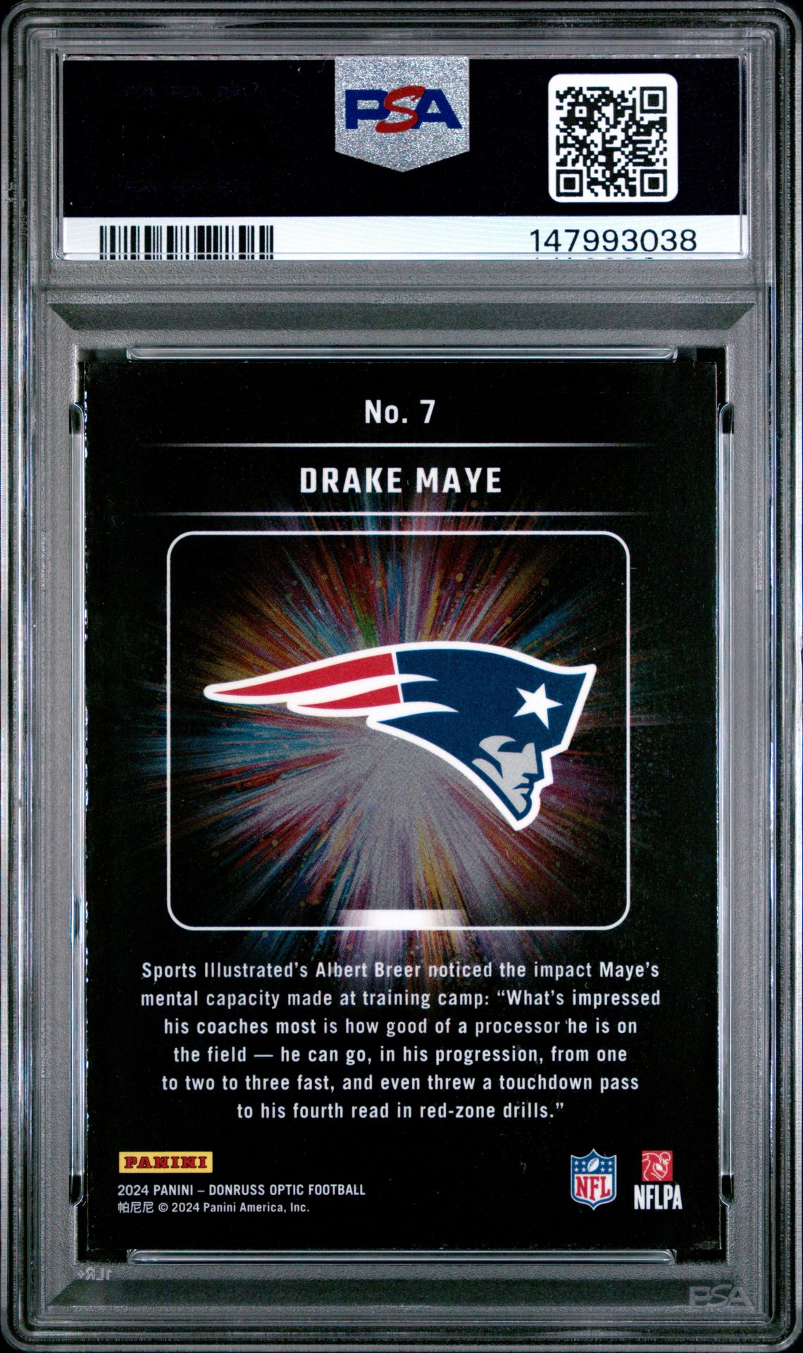 2024 Panini Donruss Optic Light It Up Drake Maye #7 Gem Mt 10 back view - PSA certificate #147993038
